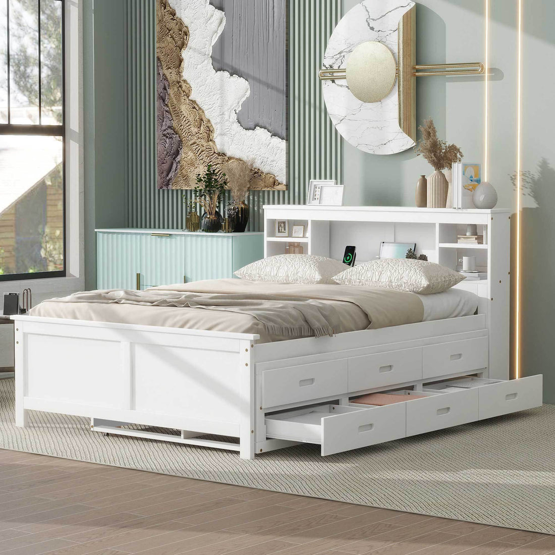 Full Size Platform Bed With Storage Headboard, Usb, Twin Size Trundle And 3 Drawers, White Box Spring Not Required Full White Wood Bedroom Bed Frame Solid Wood Mdf