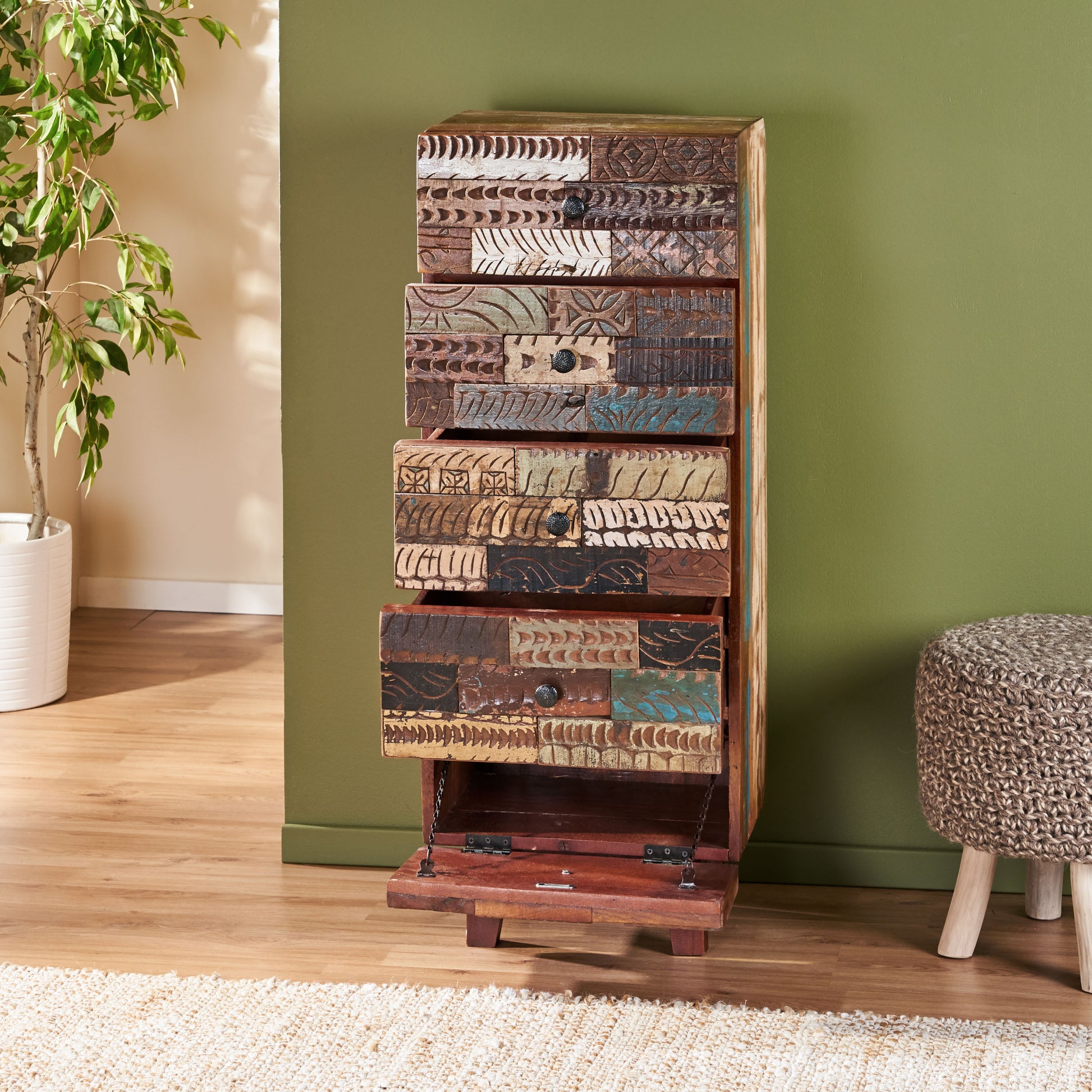 Wooden 4 Drawer With 1 Door Cabinet Natural Wood