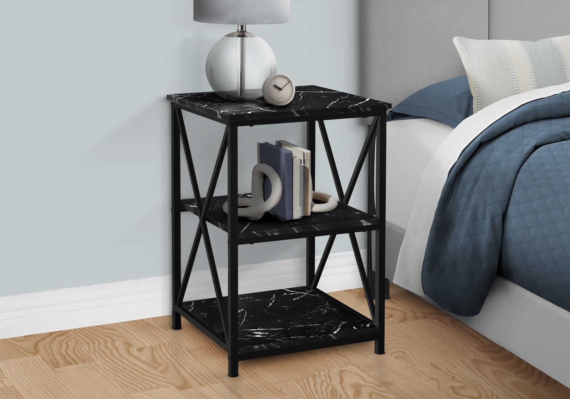 Accent Table, Side, End, Nightstand, Lamp, Living Room, Bedroom, Black Marble Look Laminate, Black Metal, Contemporary, Modern Black Metal