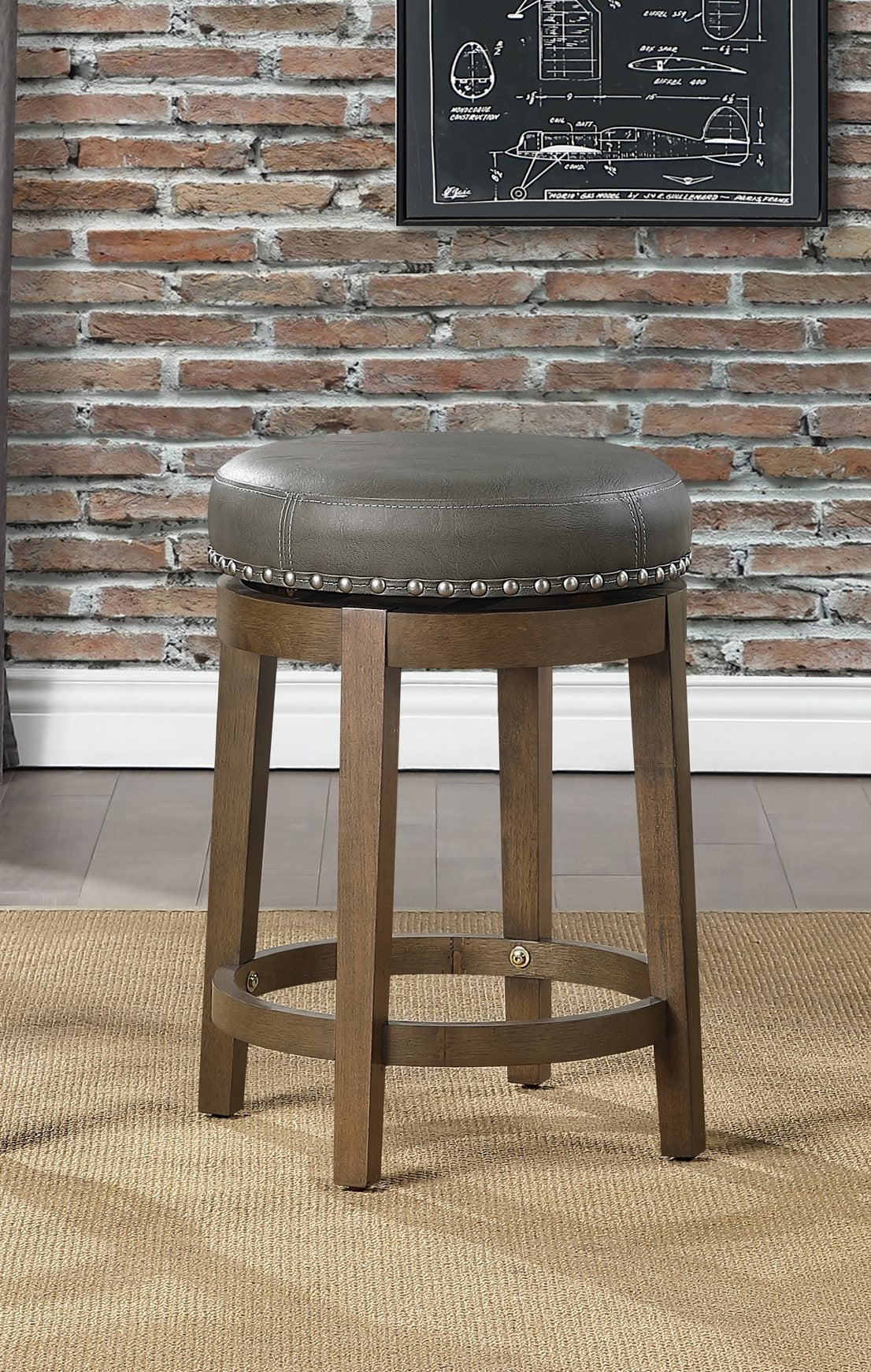 Round Swivel Counter Height Stools Set Of 2, Gray Faux Leather 360 Degree Swivel Seat Trim Solid Wood Frame Brown Finish Furniture Brown Gray Dining Room Round Solid Wood