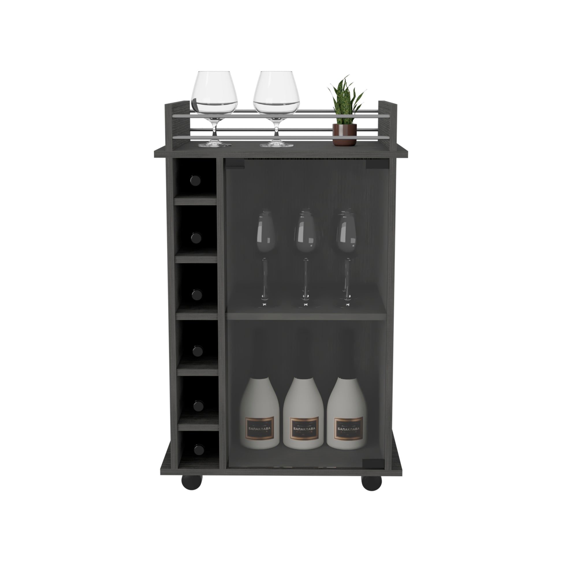 Bar Cart, Glass Door, Four Casters, Two Shelves, Smokey Oak Gray Particle Board Particle Board