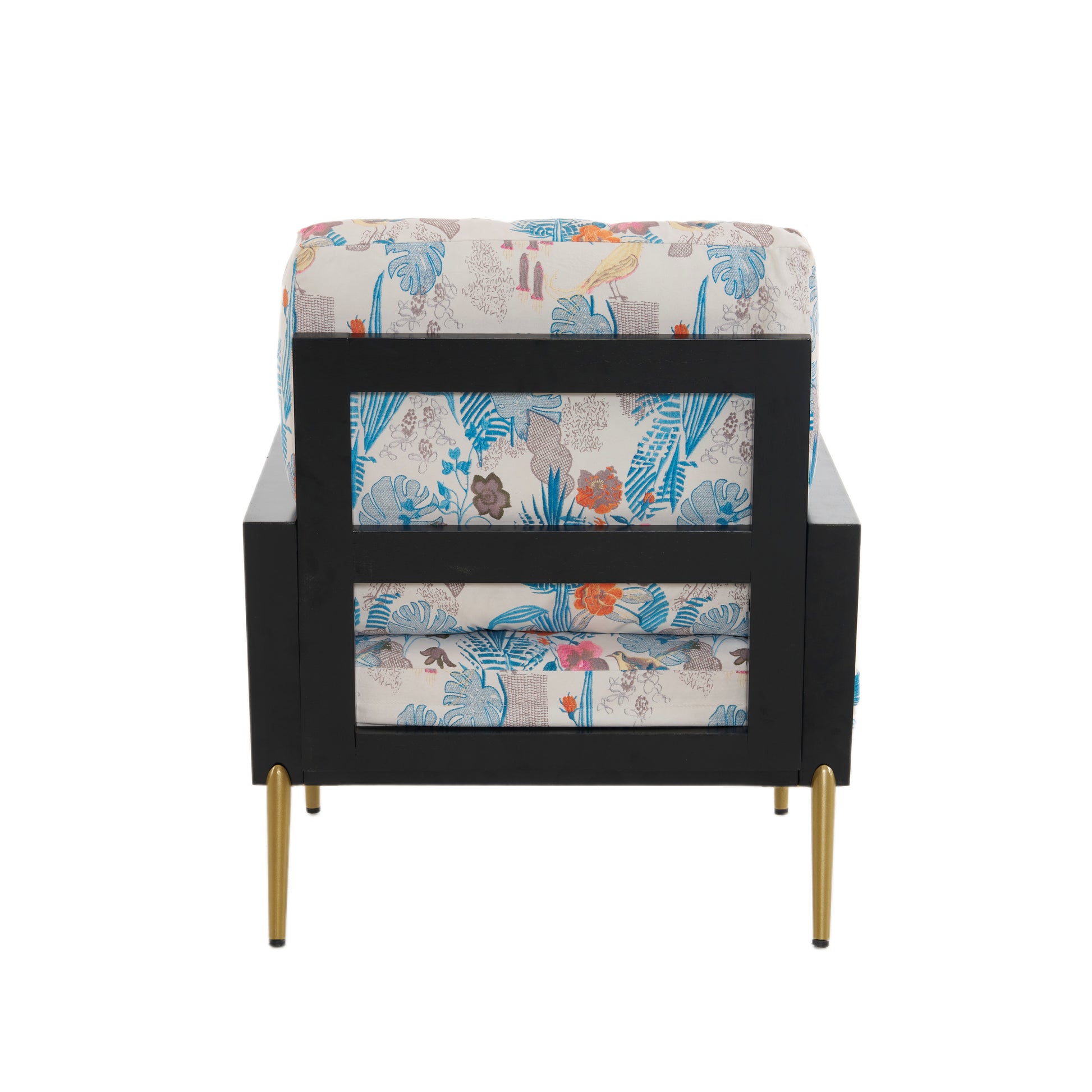 Retro Low Back Floral Print Velvet Accent Armchair With Gold Metal Legs & Rubberwood Frame, Wide Armrest Mid Century Lounge Chair With Pillow Back, Sofa Chair For Living Room & Balcony, Blue Floral