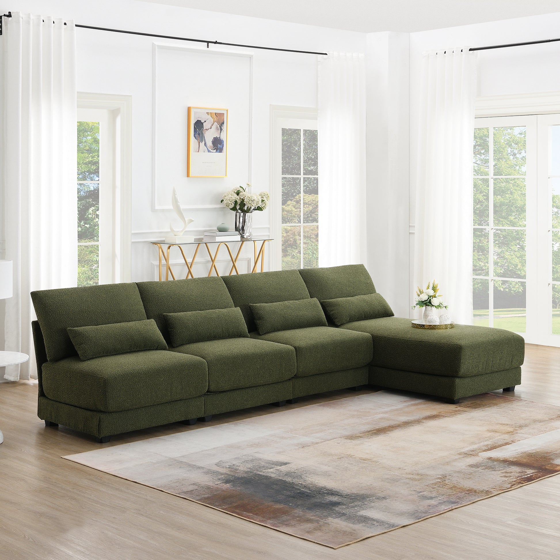 120*61" Oversized Deep Seat Sectional Sofa With Reversible Chaise,Loop Yarn Fabric 5 Seat Armless Indoor Furniture,Convertible L Shaped Couch For Living Room,Apartment,3 Colors Green Fabric 5 Seat