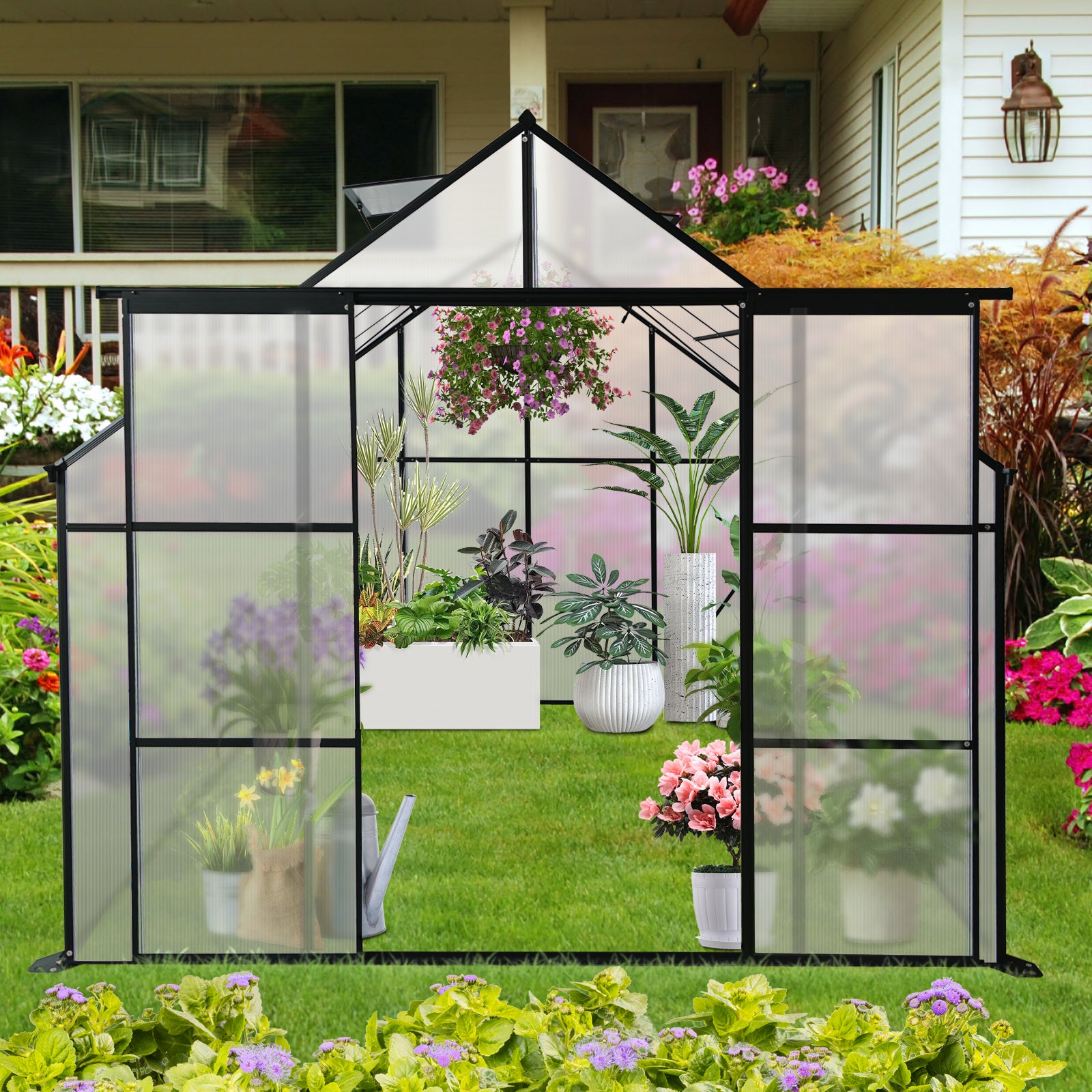 8X6Ft Black Double Door Polycarbonate Greenhouse Raised Base And Anchor Aluminum Heavy Duty Walk In Greenhouses For Outdoor Backyard In All Season Black Aluminium