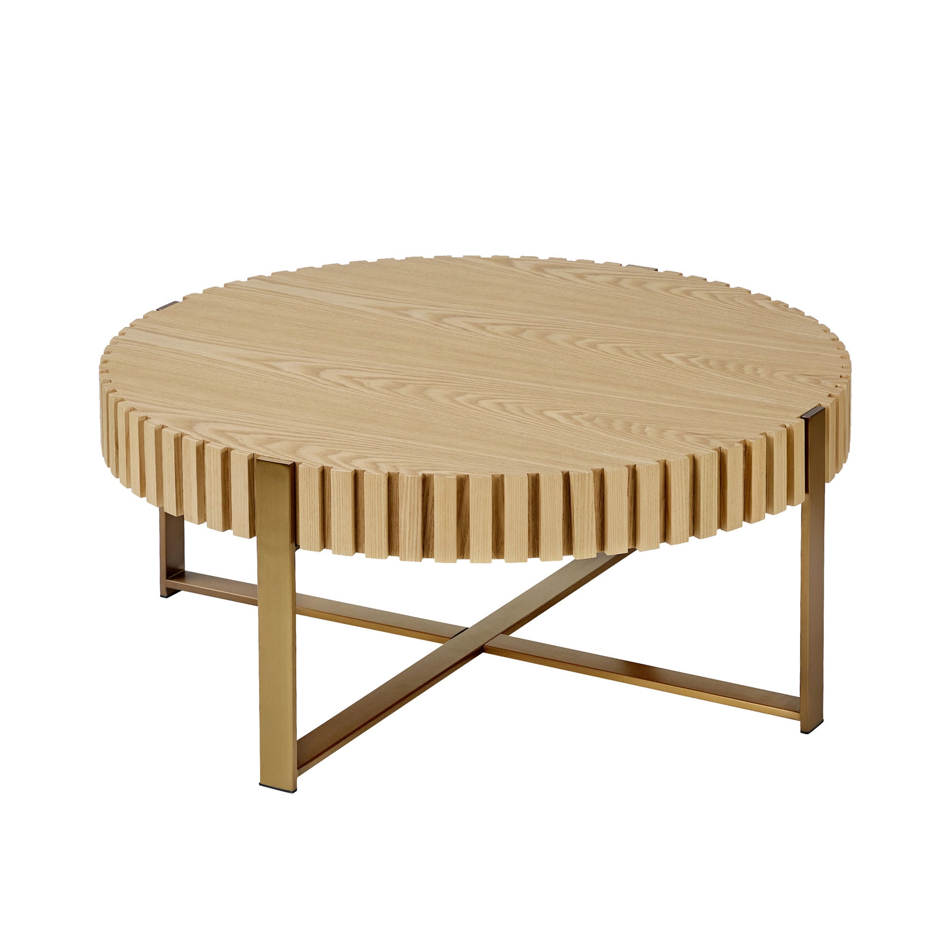 Modern Handcraft Drum Coffee Table 31.5 Inch Round Coffee Table For Living Room,Small Coffee Table With Sturdy Pedestal,Natural Ash Natural Ash Mdf Metal