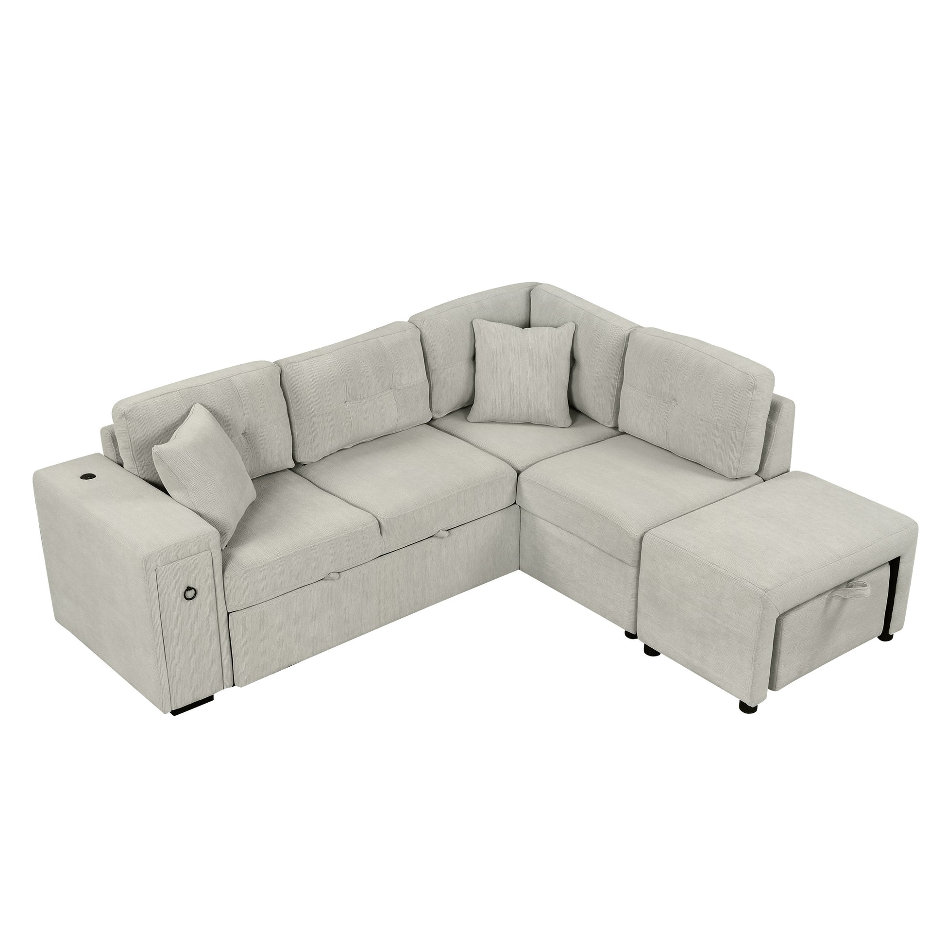 86.6" Sectional Sofa L Shaped Sofa Couch Pull Out Sofa Bed With A Movable Ottoman, Two Usb Ports And Two Cup Holders For Living Room, Gray Grey Foam Chenille 4 Seat