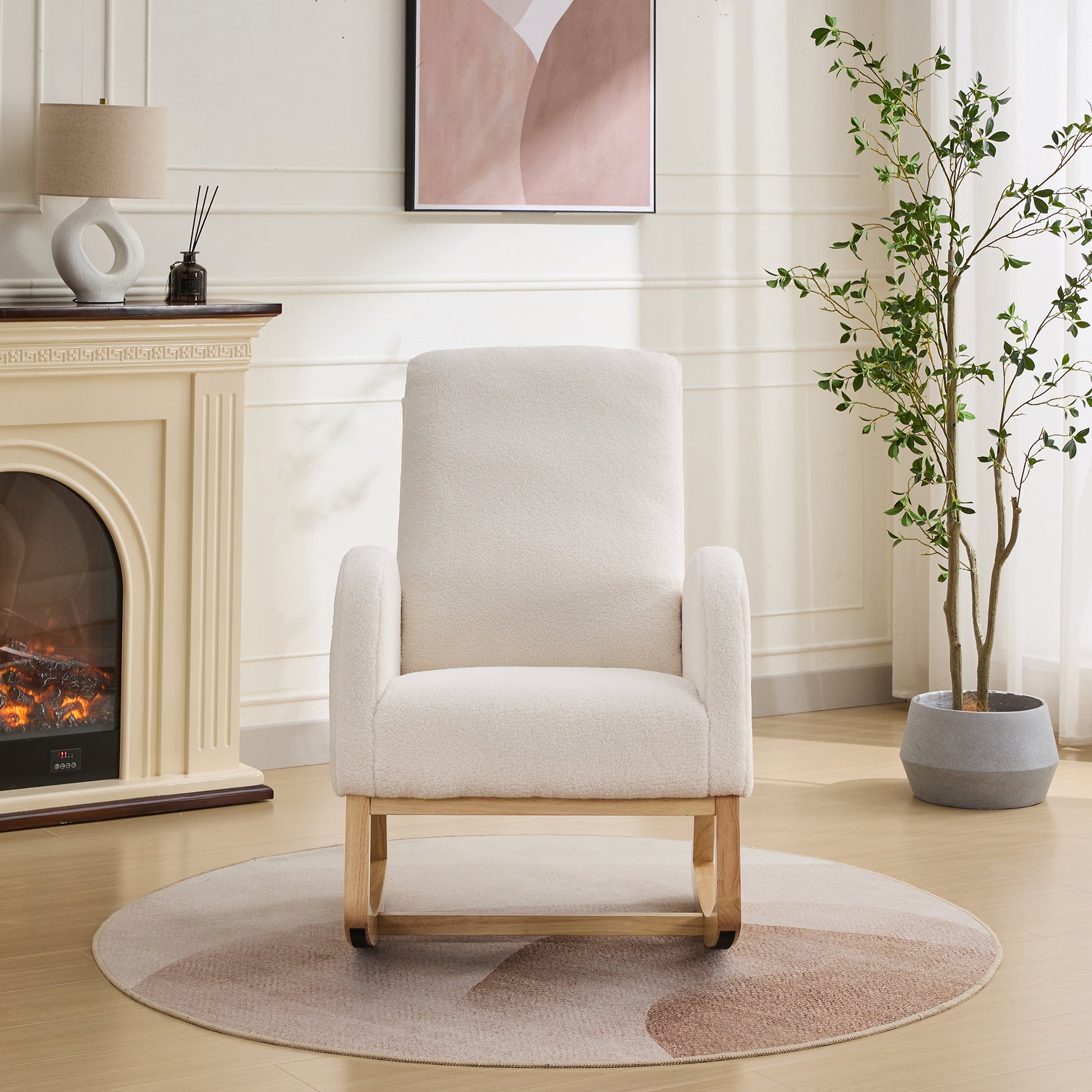 27.2"W Rocking Chair For Nursery, Sherpa Glider Chair With High Back And Side Pocket, Rocking Accent Armchair With Rubber Wood Legs For Living Room Bedroom.Ivory Ivory Sherpa