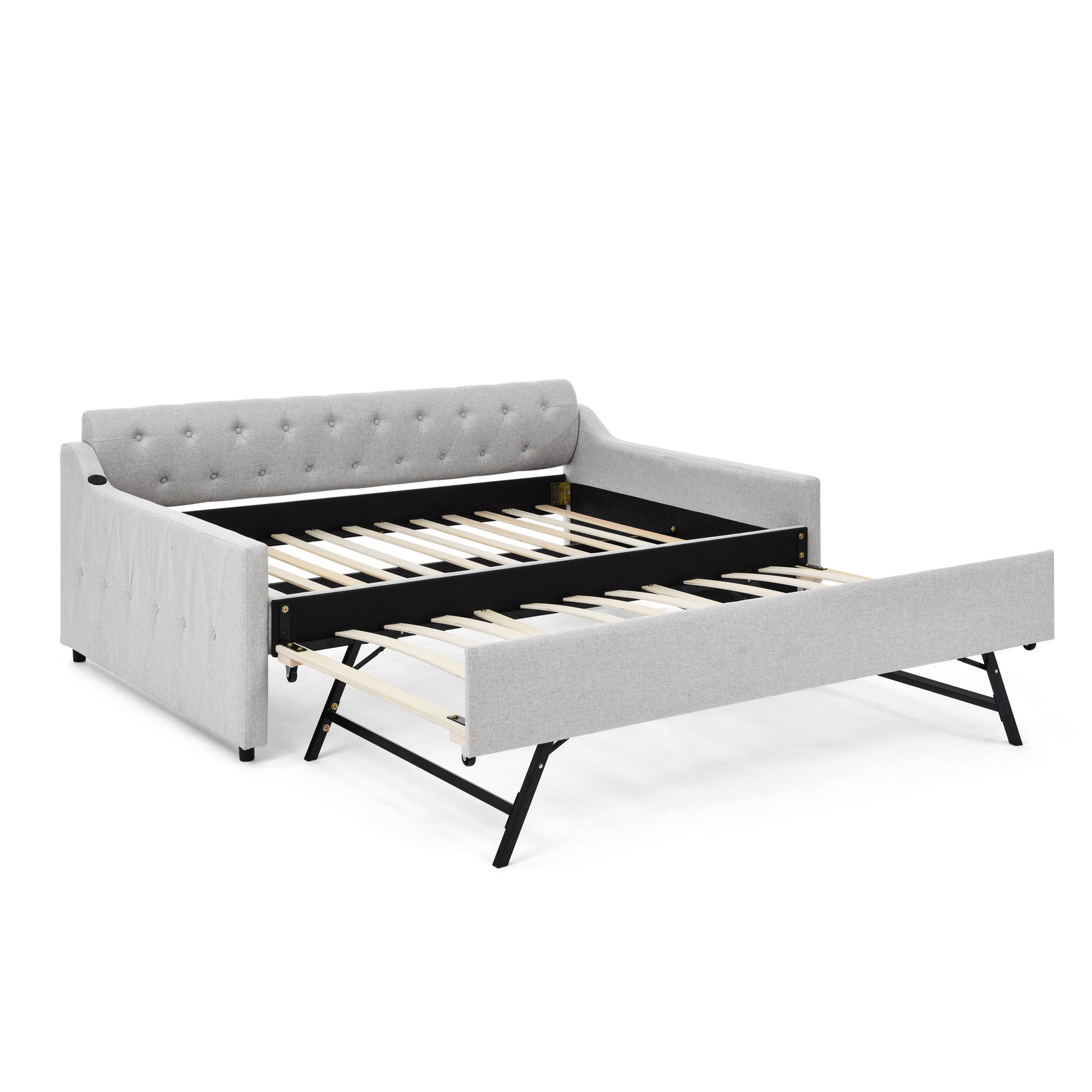 Full Size Upholstery Daybed With Twin Size Erectable Trundle And Usb Charging Design, Linen Beige Box Spring Not Required Full Beige Bedroom Linen Linen