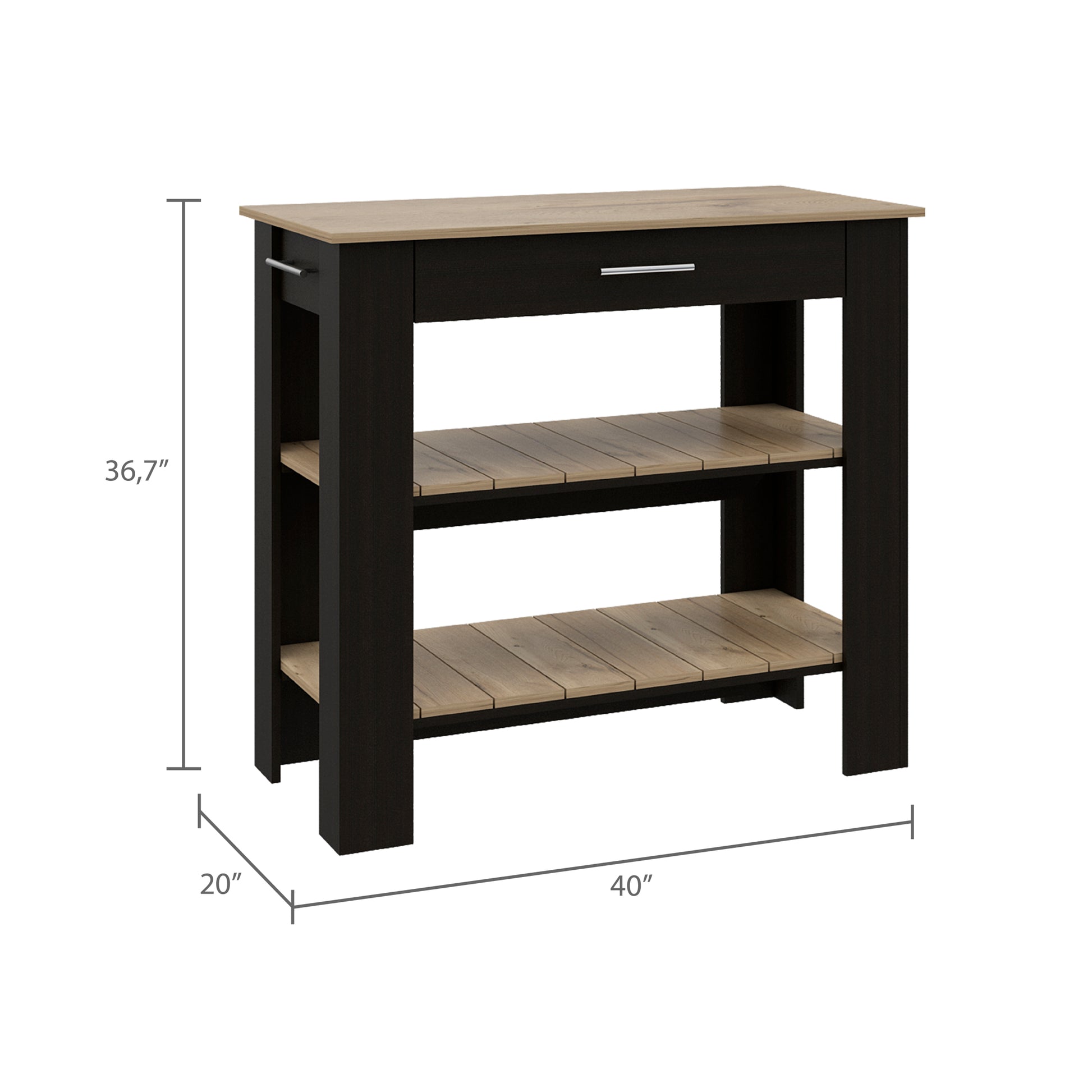 Kitchen Island 37" H, Two Open Storage Shelves, One Drawer, Four Legs,Towel Hanger, Black Light Oak Multicolor Particle Board Particle Board