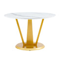 A Modern Minimalist Round White Patterned Table Top Measuring 48 Inches In Diameter With Gold Mdf Legs. Suitable For Dining And Living Rooms. Gold White Sintered Stone