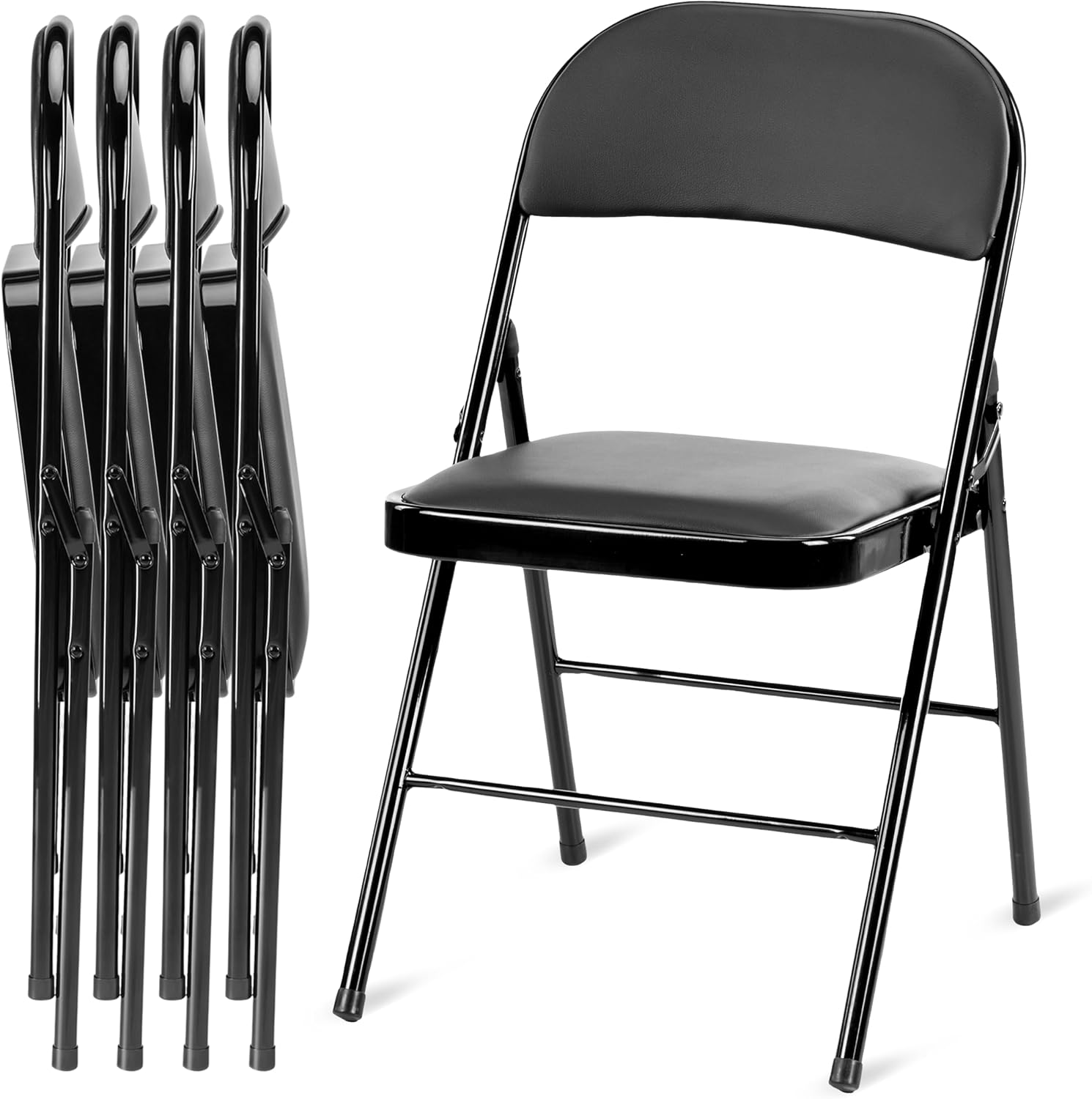 4 Pack Folding Chairs With Leather Padded Cushion Seats & Durable Metal Frame, Comfortable, Foldable, Portable, Commercial Event Seat, Indoor Outdoor For Parties, Home, Office, Black Black Leather