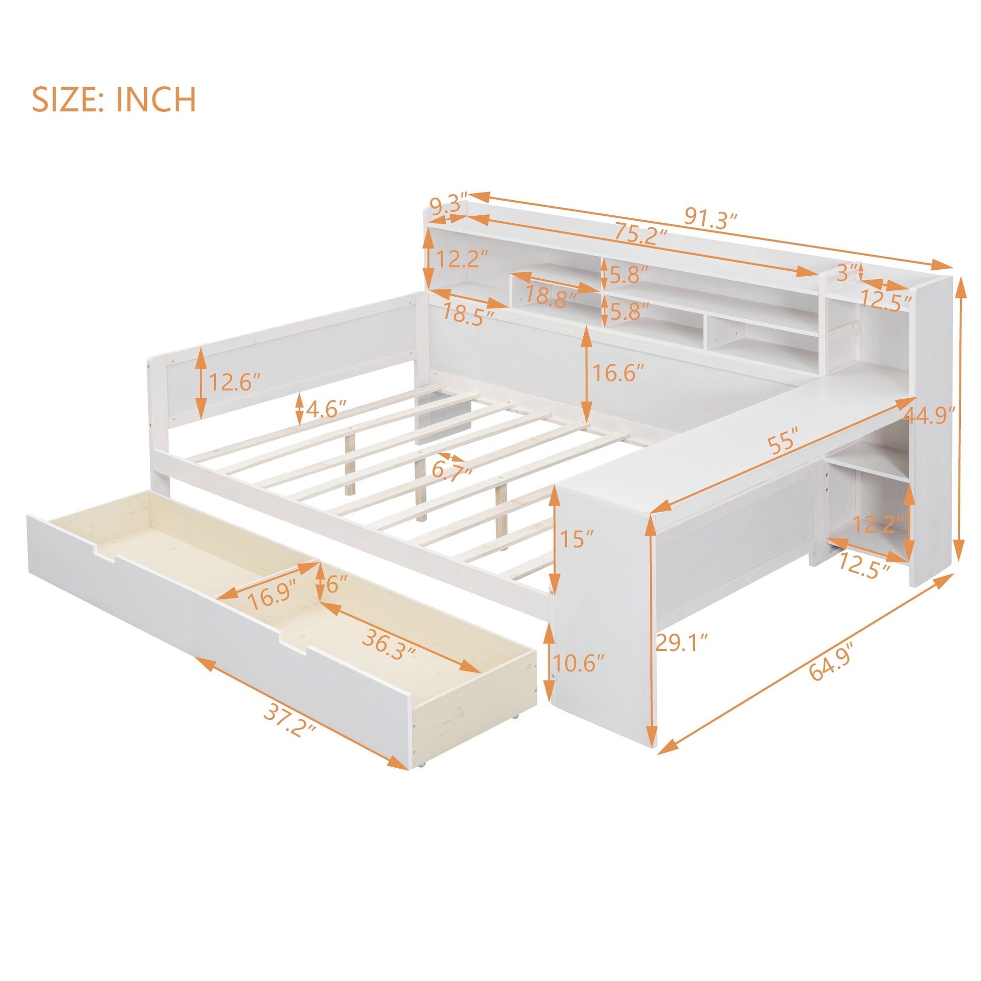 Wooden Full Size Daybed With Storage Shelves, Multi Functional Bed With Two Storage Drawers And Study Desk, Antique White Full Antique White Wood