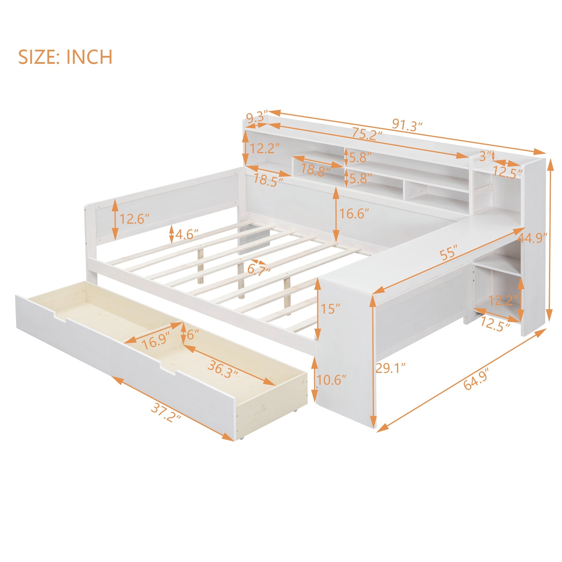 Wooden Full Size Daybed With Storage Shelves, Multi Functional Bed With Two Storage Drawers And Study Desk, Antique White Old Sku: Hl000089Aak Full Antique White Wood