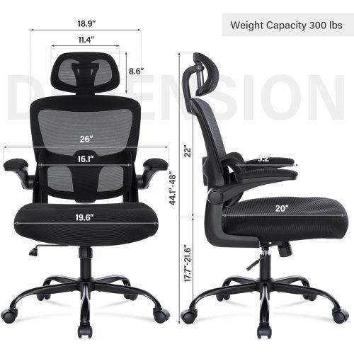 Ergonomic Mesh Office Chair With 3D Adjustable Lumbar Support, High Back Desk Chair With Flip Up Arms, Executive Computer Chair Home Office Task Swivel Rolling Chairs For Adults Cushion Metal Solid Black Office Sponge Dry Clean Round Handle Office Chairs