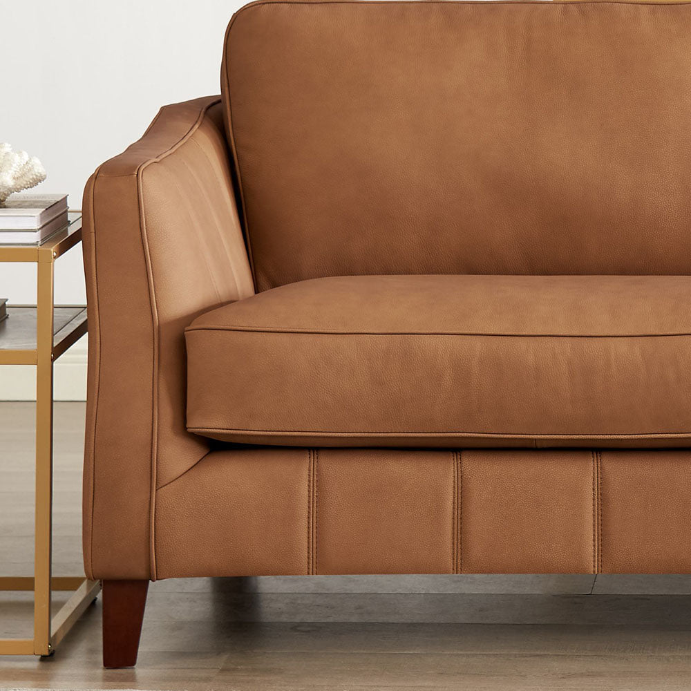 Aria Top Grain Leather Sofa Couch Brown Genuine Leather Wood Primary Living Space Medium Firm Cushion Back Mid Century Modern Eucalyptus Square Arms Down Filling Leather 3 Seat