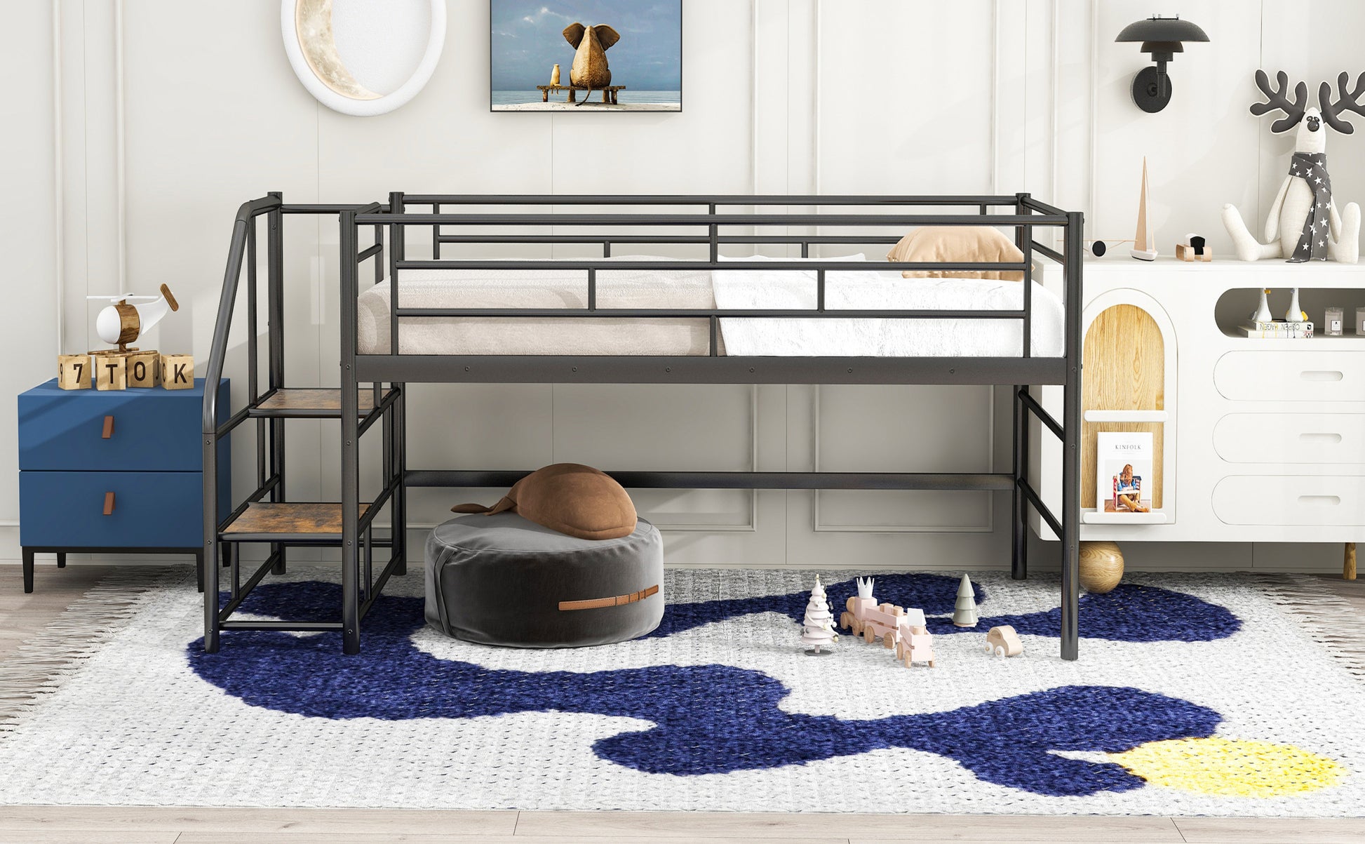 Mid Loft Bed With Storage Stairs, Twin, Black Twin Black Mdf Metal