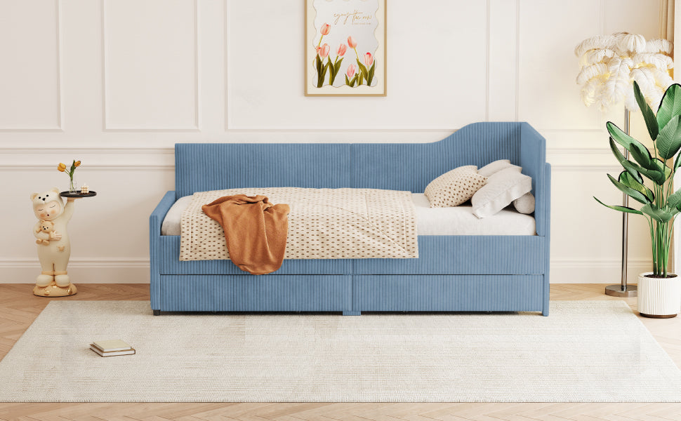 Twin Size L Shaped Corduroy Daybed,Upholstered Bed Frame With 2 Storage Drawers,Blue Twin Blue Wood Fabric