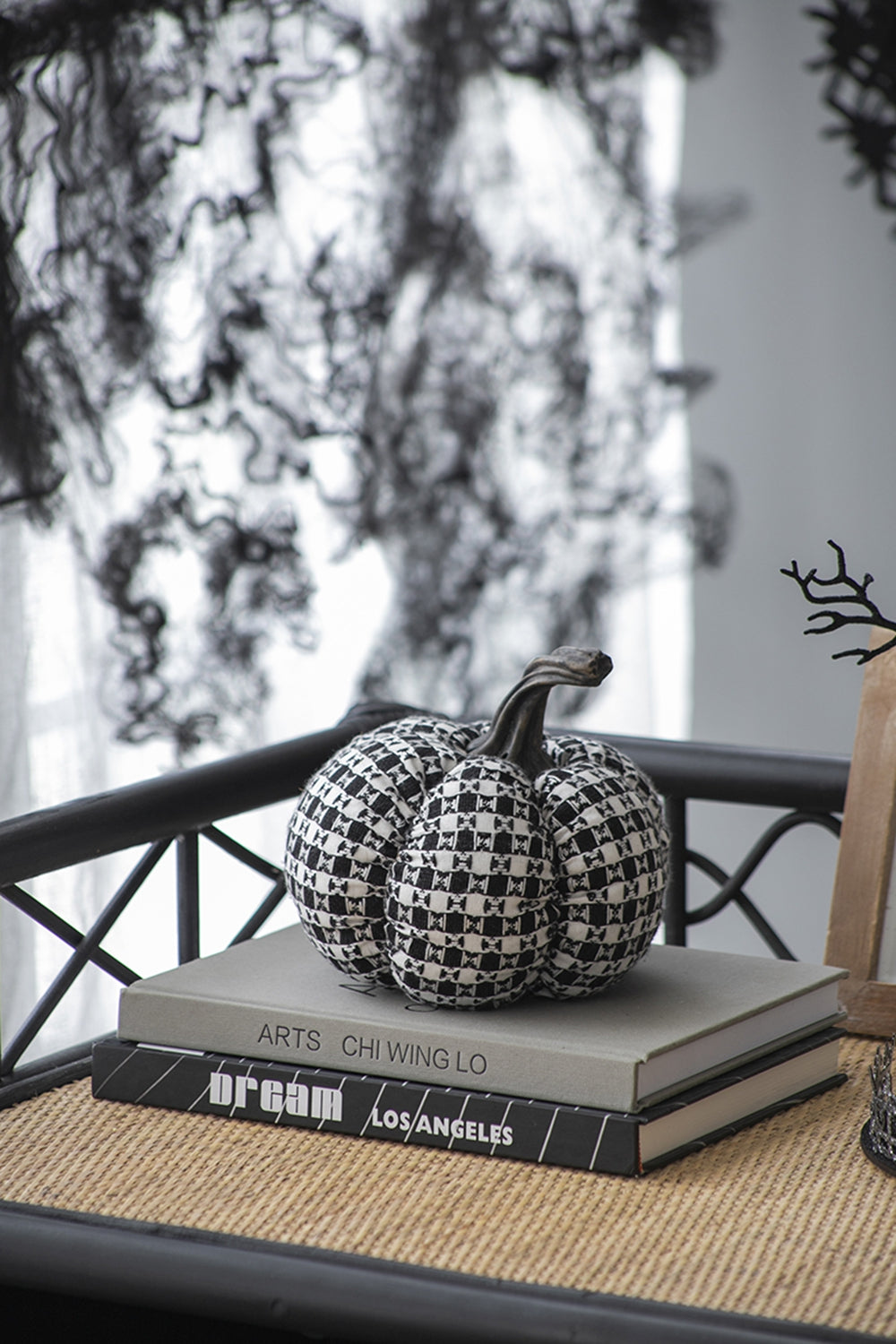 7X7X6.7" Fabric Black White Plaid Pumpkin Decor, For Holiday Halloween Decoration Black,White Polyester