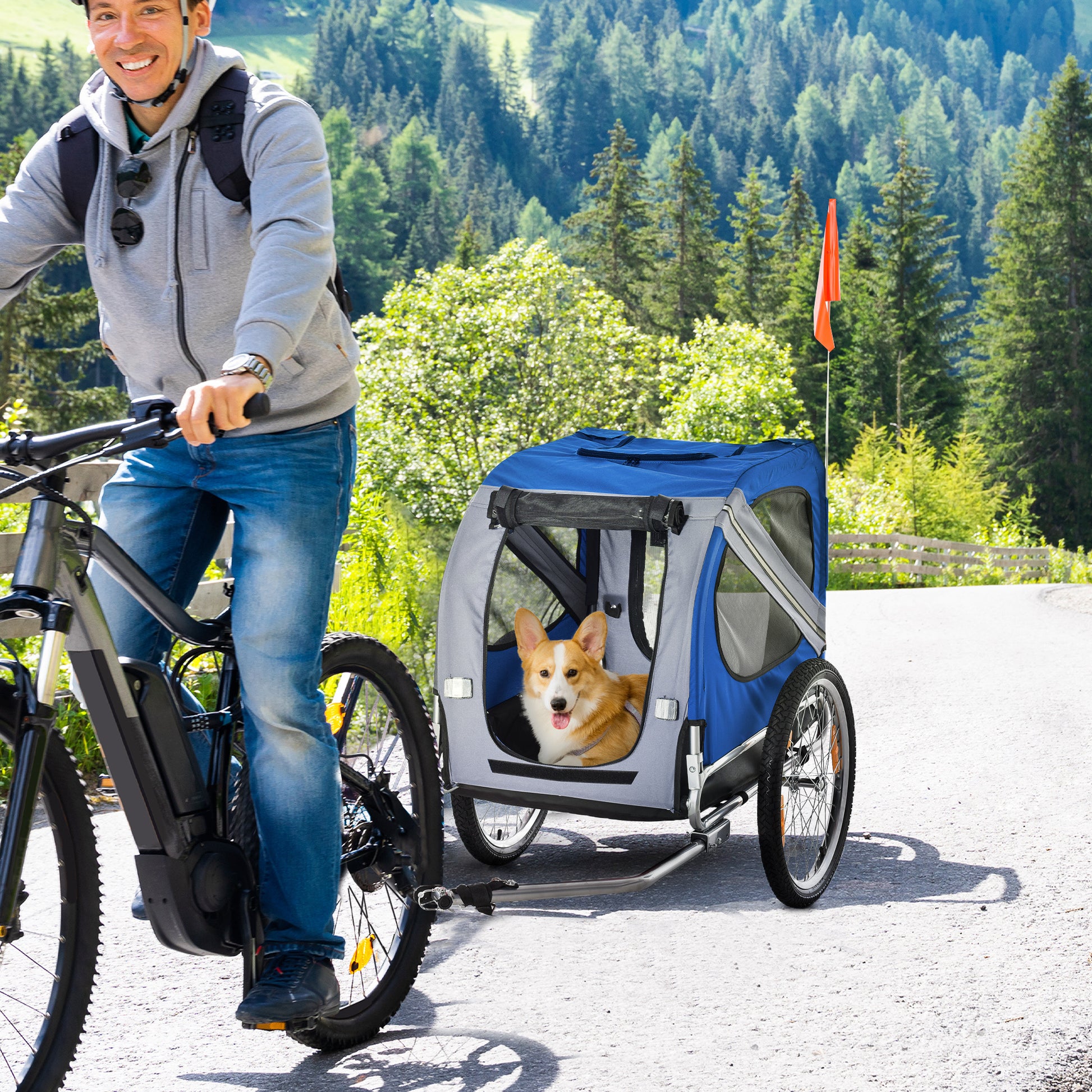 Aosom Dog Bike Trailer Pet Cart Bicycle Wagon Cargo Carrier Attachment For Travel With 3 Entrances Large Wheels For Off Road & Mesh Screen Light Blue White White Steel
