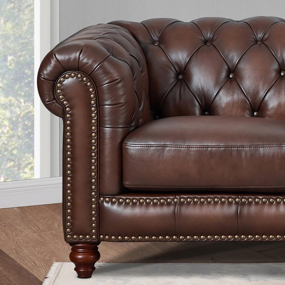 Alton Bay Top Grain Leather Sofa Couch Brown Genuine Leather Wood Primary Living Space Medium Firm Tufted Back Mid Century Modern Eucalyptus Rolled Arms Down Filling Leather 3 Seat
