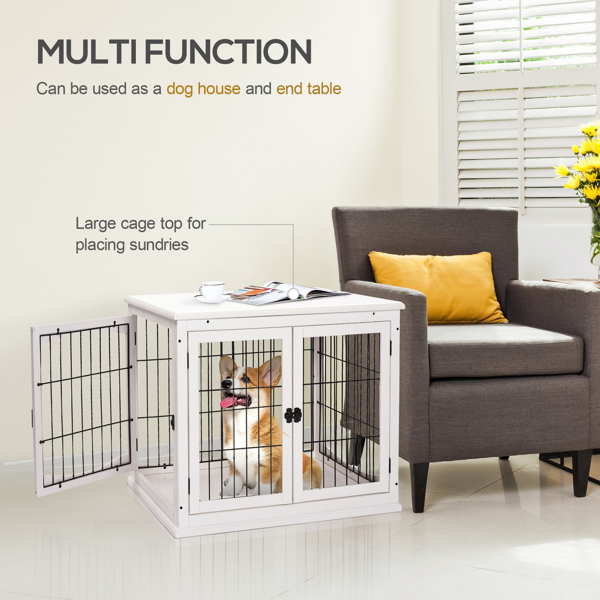 Pawhut Dog Crate Furniture, Small Dog Cage End Table With Two Opening Sides, Lockable Door, Puppy Kennel Indoor, Cute And Decorative, Pure White White Mdf