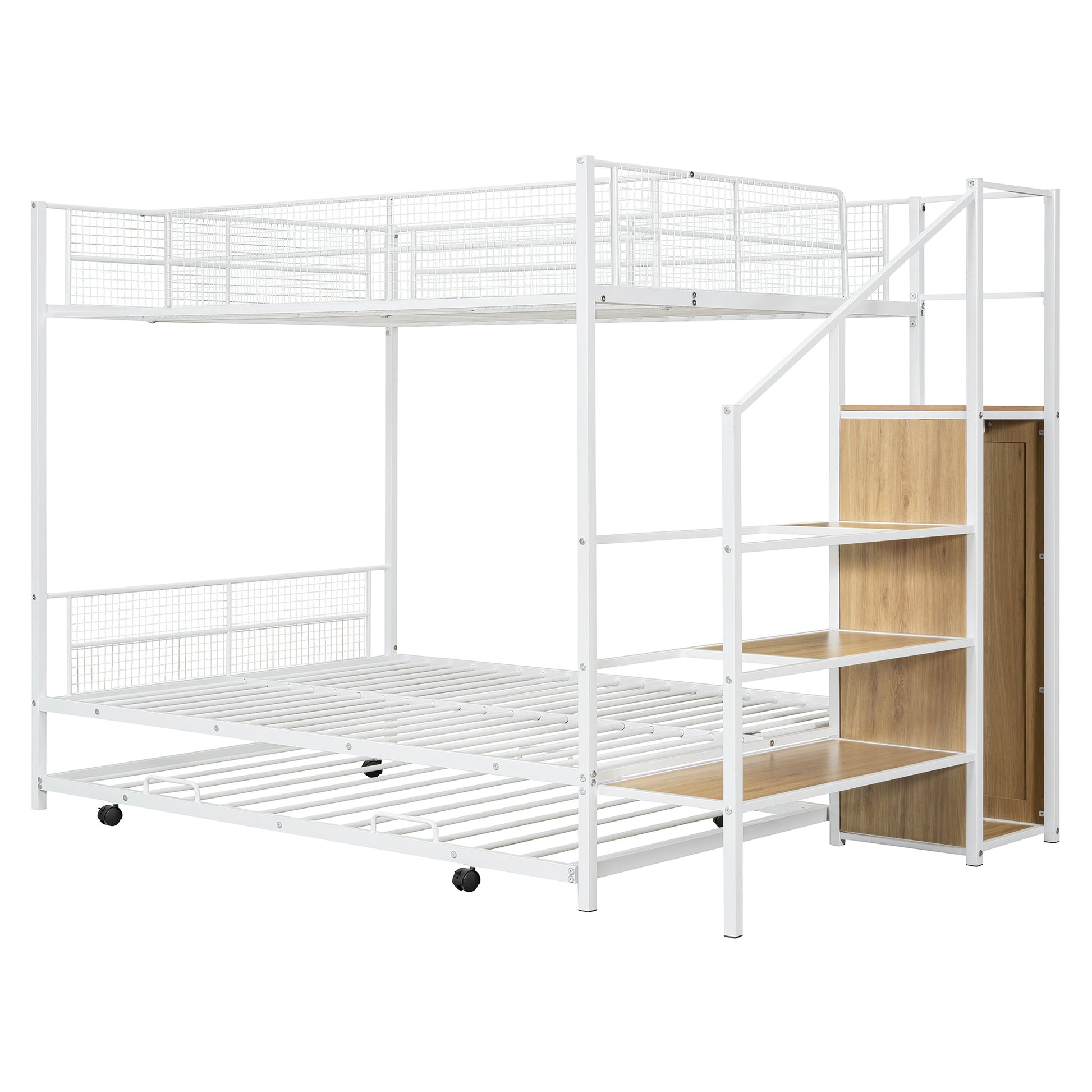 Twin Over Full Metal Bunk Bed With Trundle And Lateral Storage Ladder And Wardrobe, White White Metal