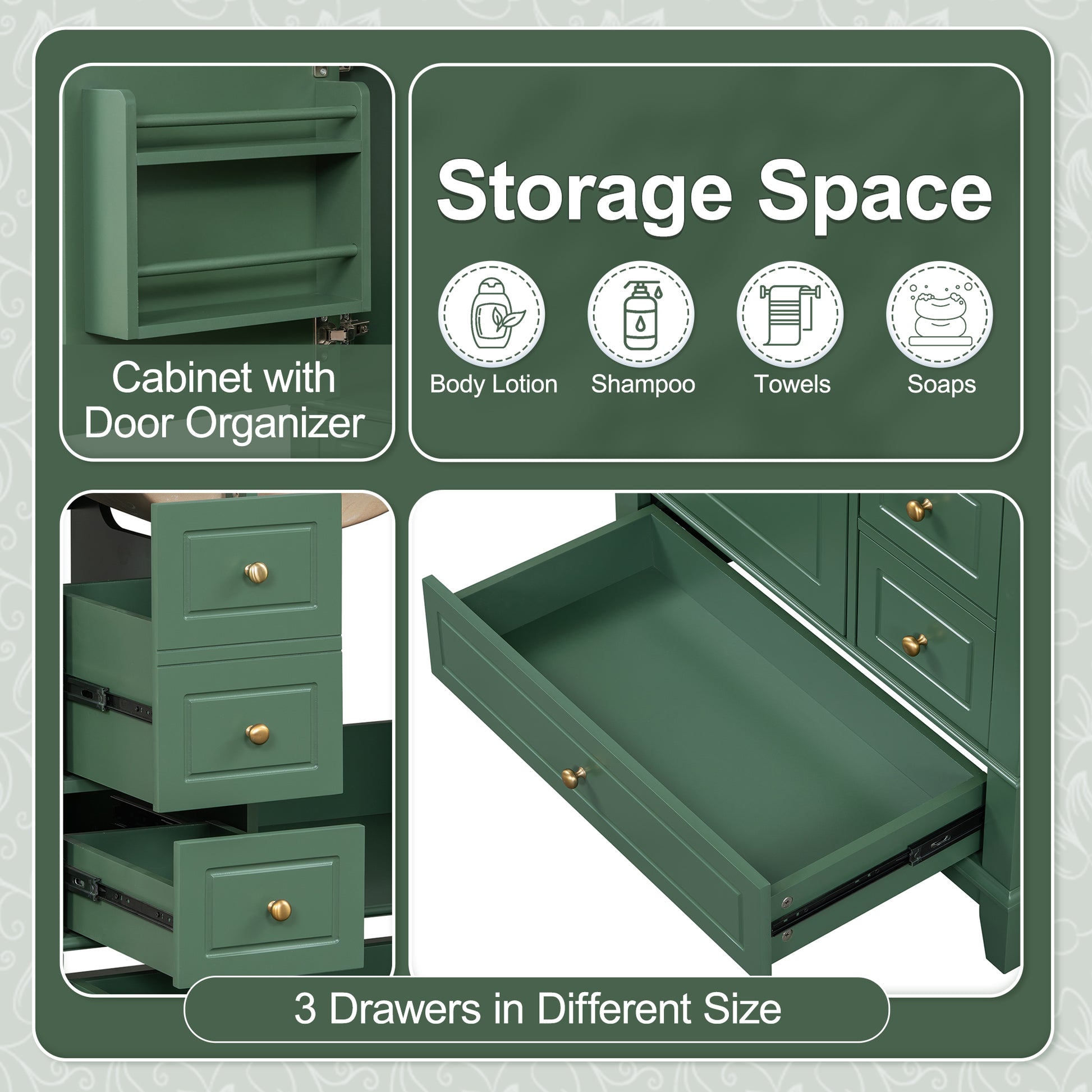 30" Bathroom Vanity With Sink, One Door With Shelf And Three Drawers, Soft Close Door, Green Green Ceramic Mdf,Rubber Wood