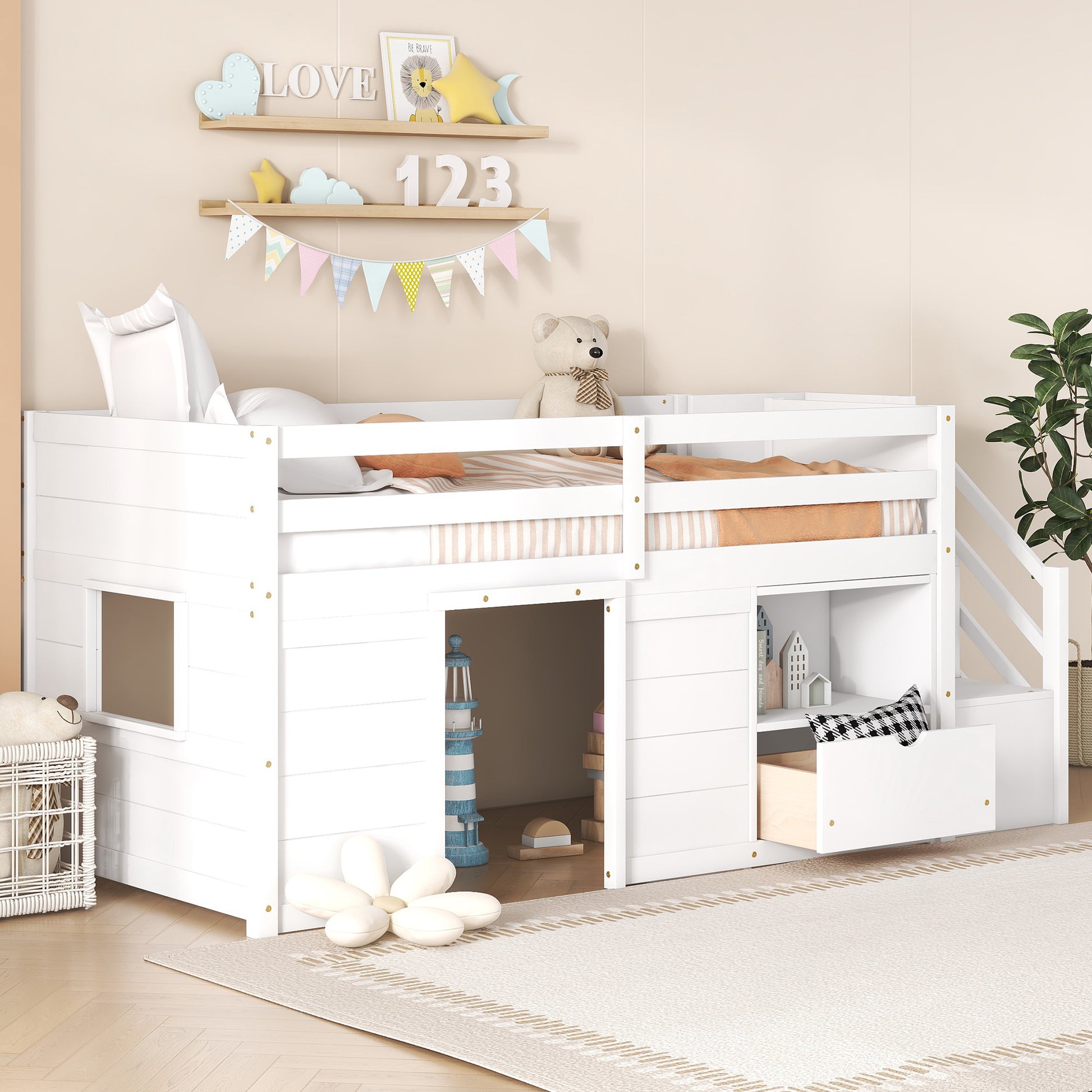 Twin Bed, Solid Wood Twin Size Low Loft Bed With Stair, Drawer, And Shelf Of White Color Twin White Pine