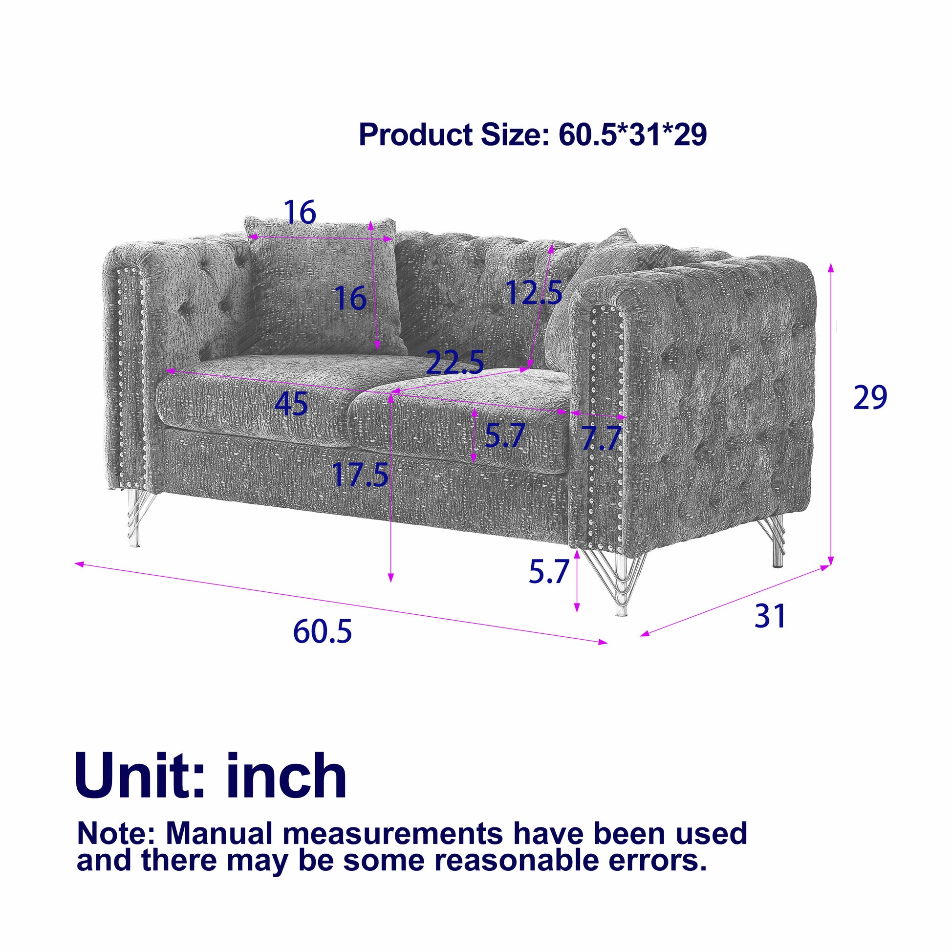 60 Inch Chenille Pull Buckle Design Sofa For Living Room,Buttons Tufted With Copper Nail Decoration Armrest, Modern Couch Upholstered Button And Metal Legs Black Foam Chenille 2 Seat