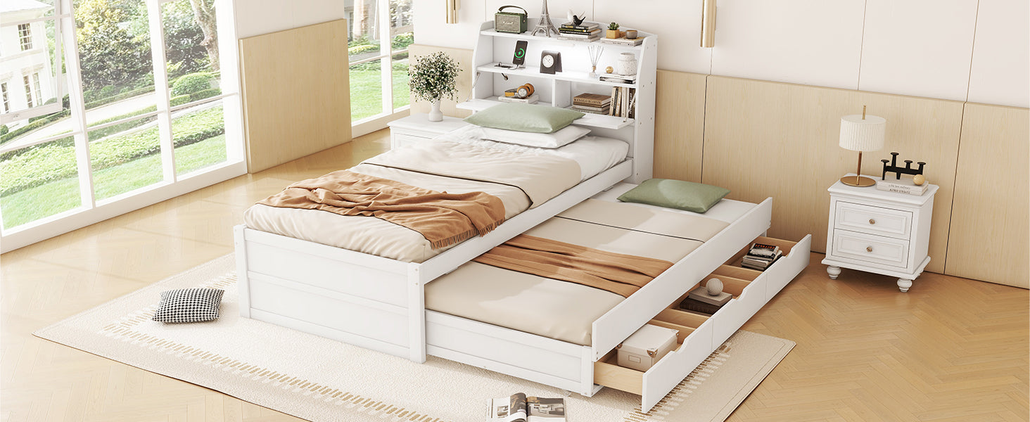 Twin Size Wooden Led Platform Bed With Trundle, With Storage Headboard, With Drawers, White Twin White Plywood