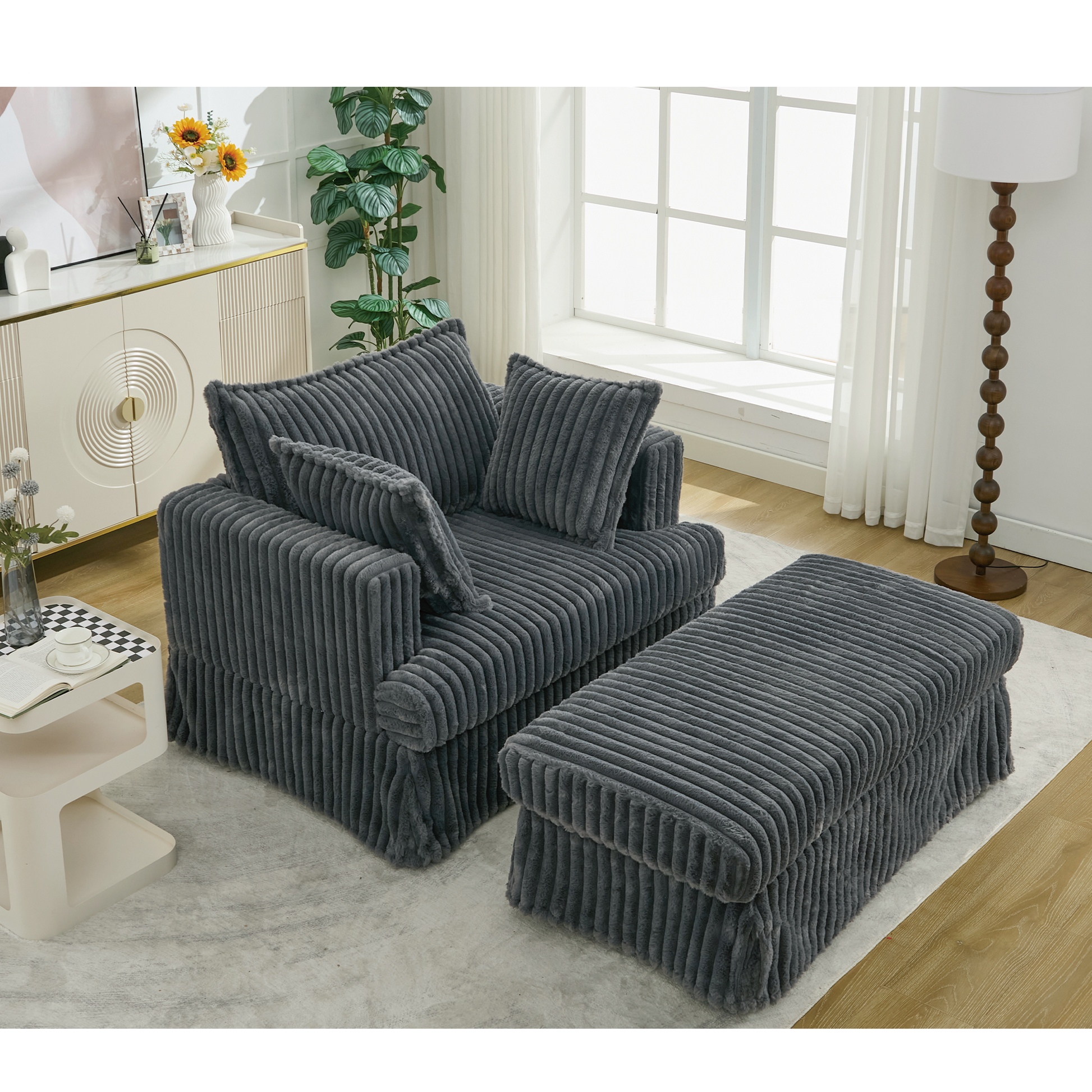 Arrived 47.7'' Oversized Corduroy Chaise Longue With Ottoman, Deep Seat Reclining Chair Sofa, Comfy Thicked Upholstered Pad Chair ,With Foot Stool ,Oversize, Movable Ottoman, Dark Gray Dark Gray