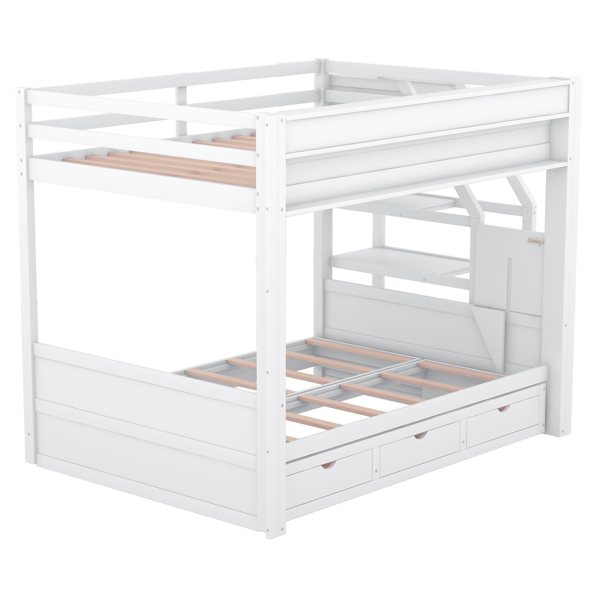 Wood Full Size Convertible Bunk Bed With Storage Staircase, Bedside Table, And 3 Drawers, White White Solid Wood Mdf