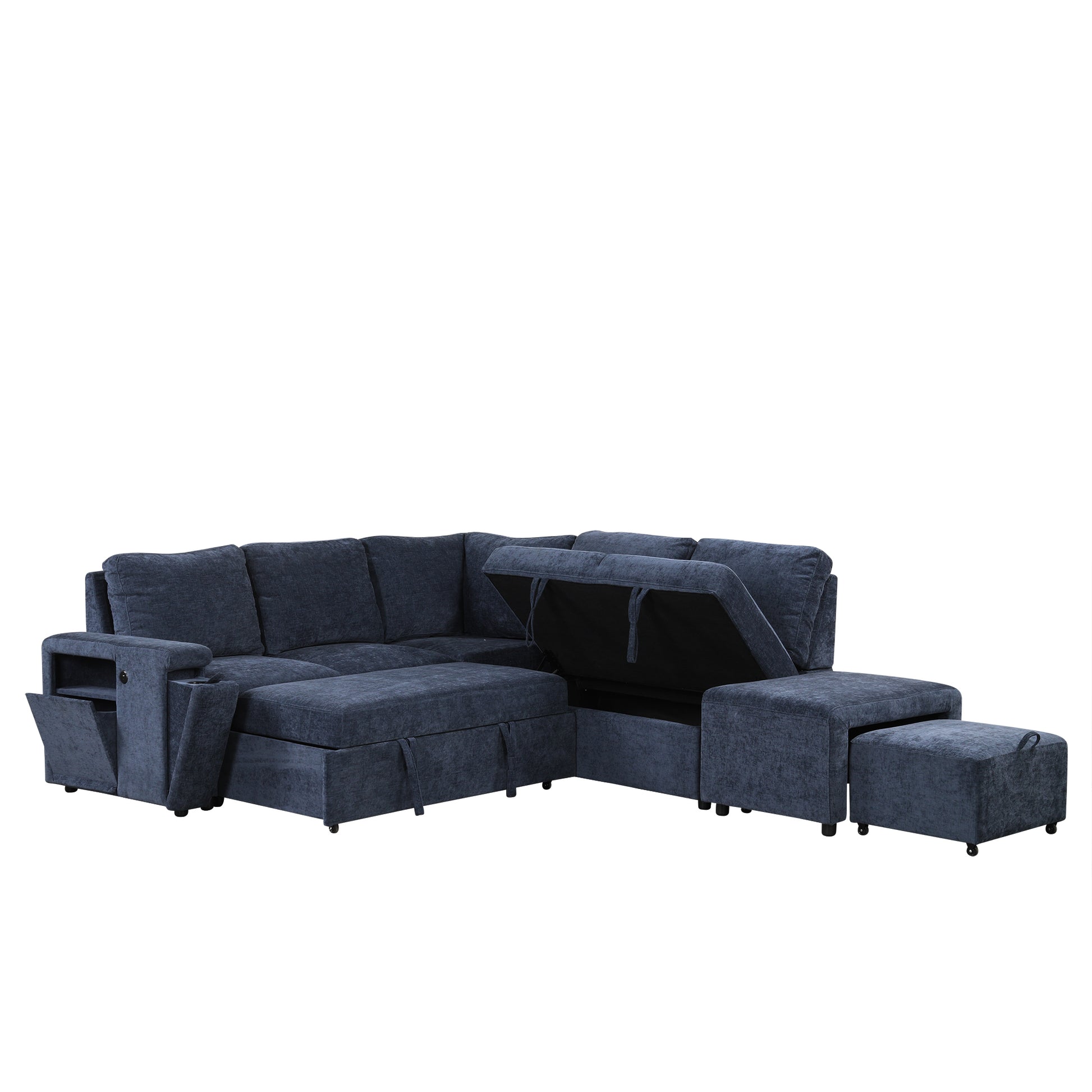 L Shaped Padded Modular Sofa With Storage Space, Usb Ports, And Cup Holders On The Armrests, Suitable For Living Rooms, Offices, And Apartments. Blue Wood Polyester 5 Seat