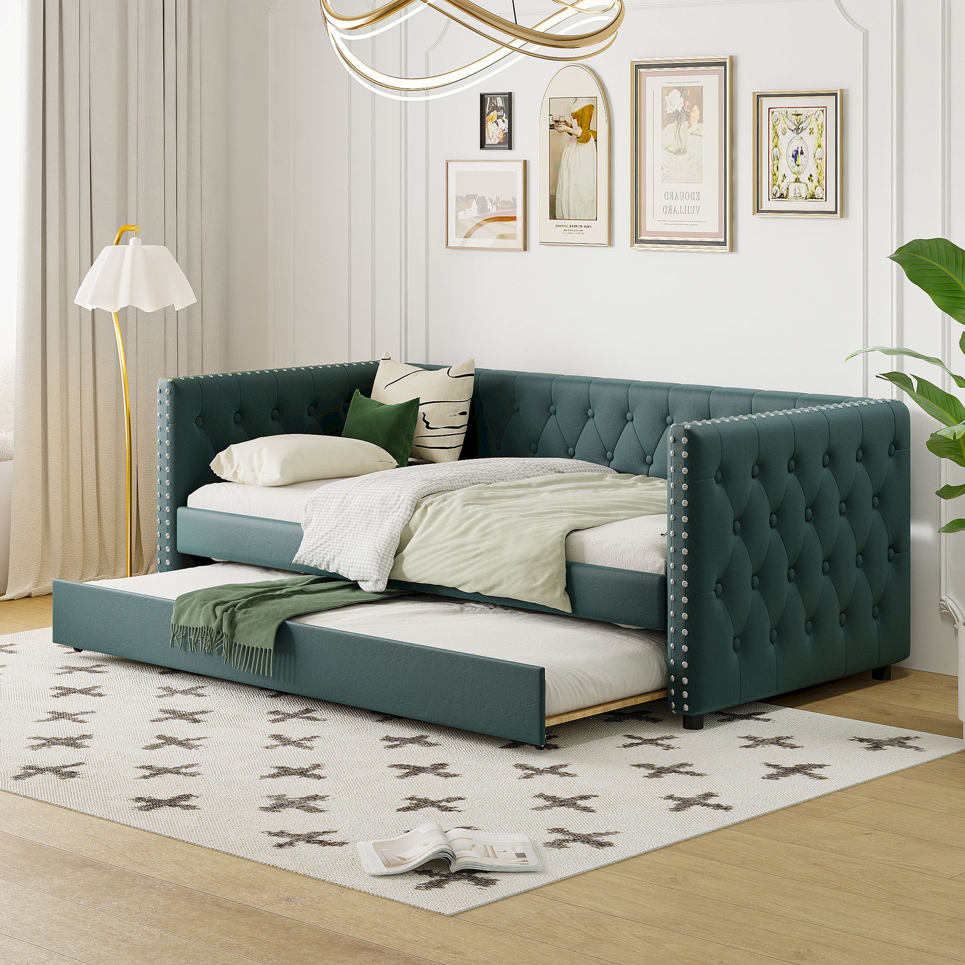 Twin Size Tufted Upholstered Daybed With Trundle, Velvet Sofabed With Rivet Design, No Box Spring Needed,Green Twin Green Velvet