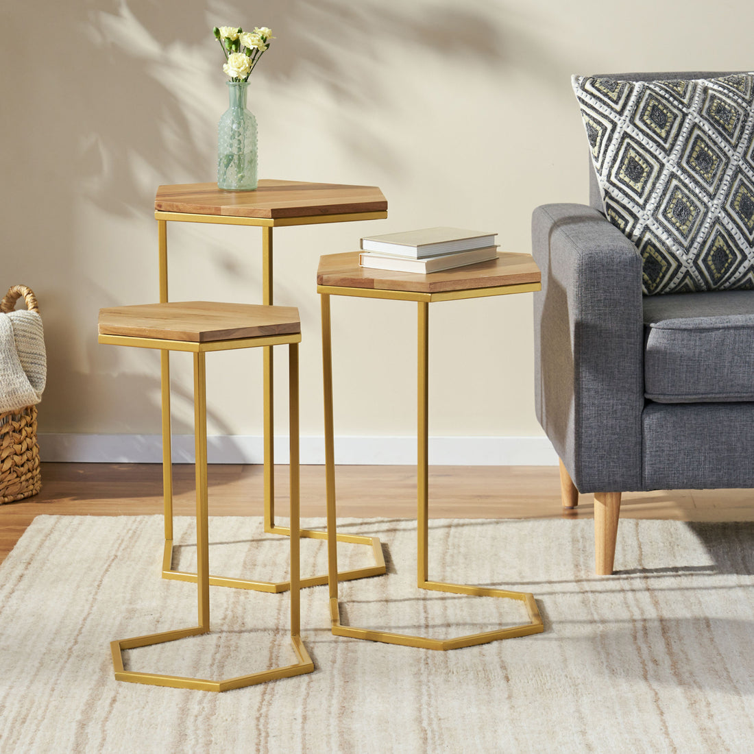 End Table Set Of 3 Natural Wood Metal