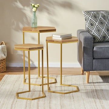 End Table Set Of 3 Natural Wood Metal