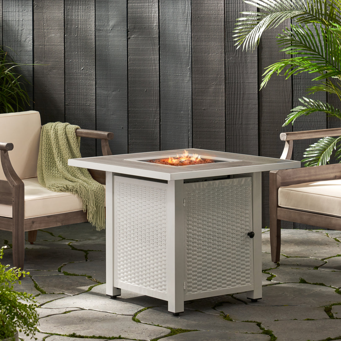 30" Outdoor 40,000Btu Square Iron Fire Pit With Ceramic Tile Top, White White Ceramic Tile Iron