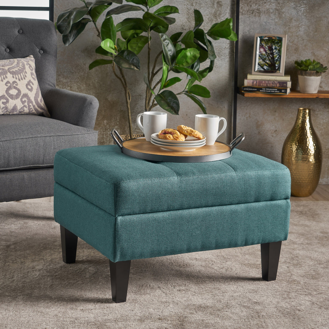 Storage Ottoman Teal Wood Fabric