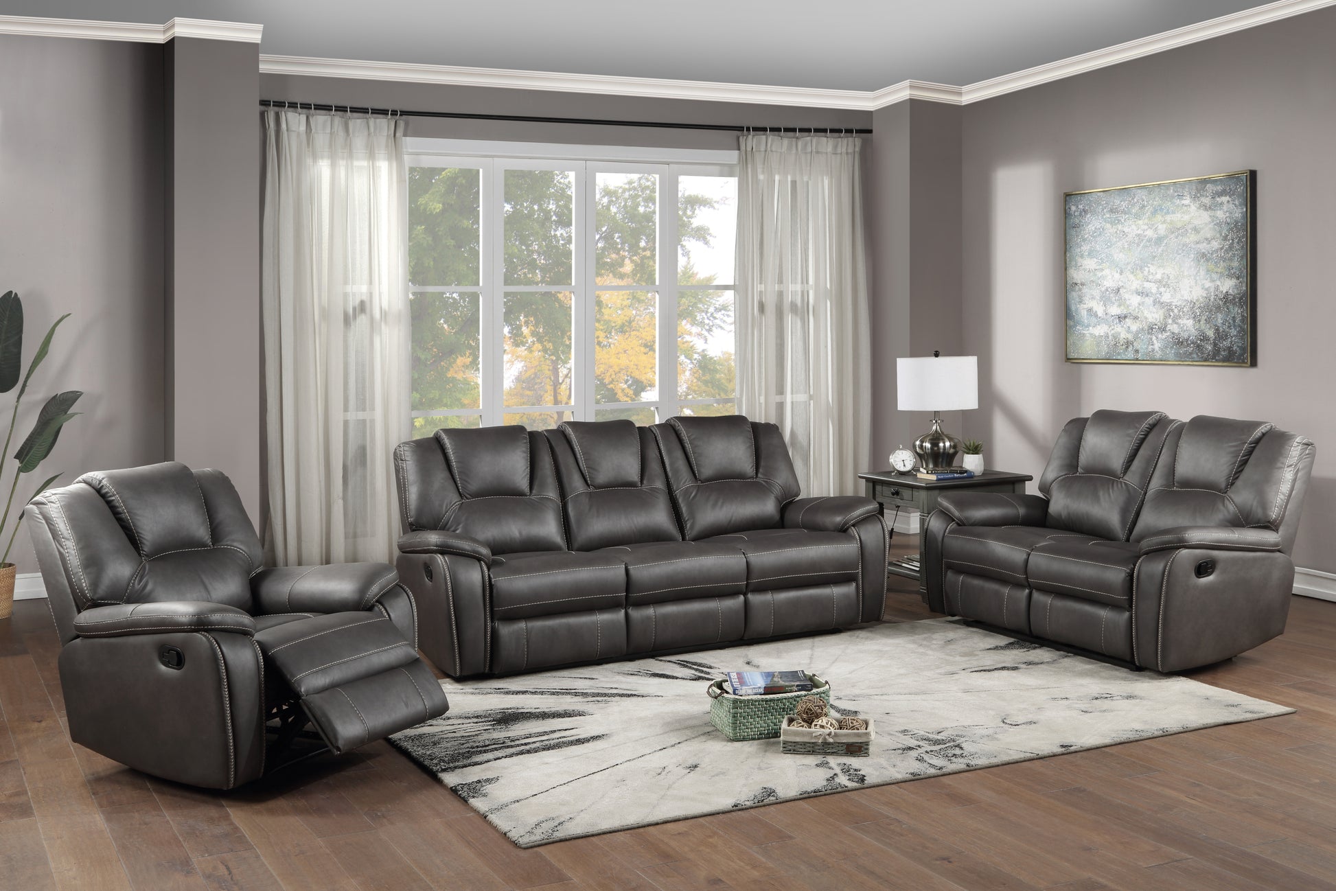 Katrine 3 Piece Living Room Set Charcoal Charcoal Faux Leather