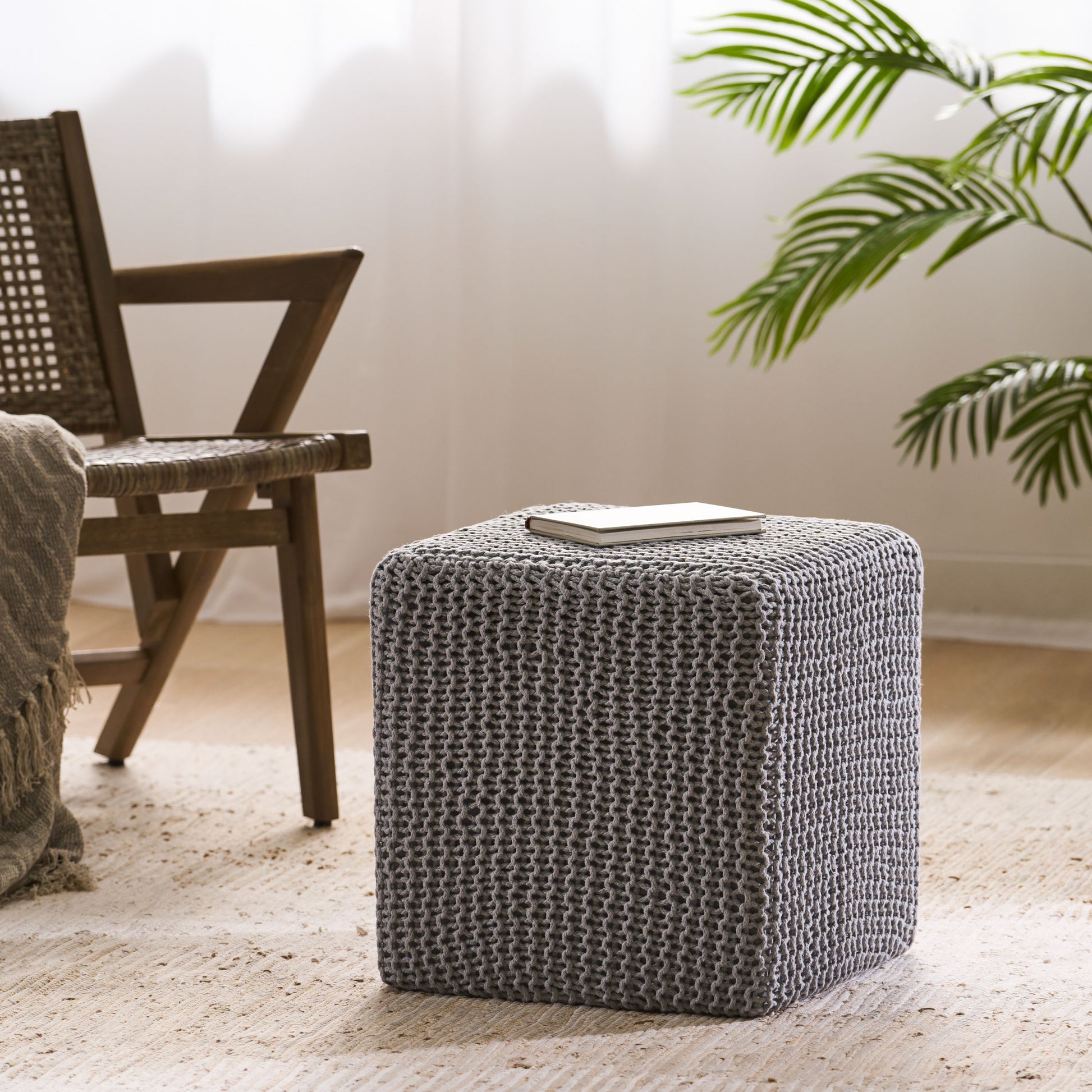 Knitted Foot Stool Light Grey Cotton