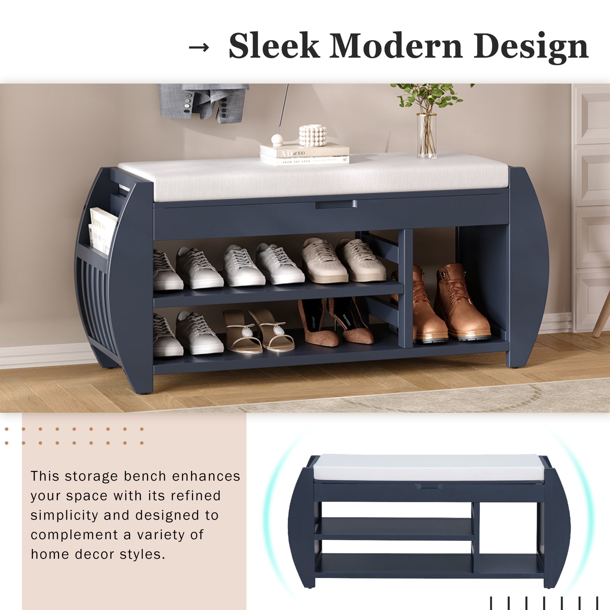 Retro Multifunctional Storage Bench With Cushion And Curved Side Panel For Entrance And Living Room Antique Navy Antique Navy Mdf