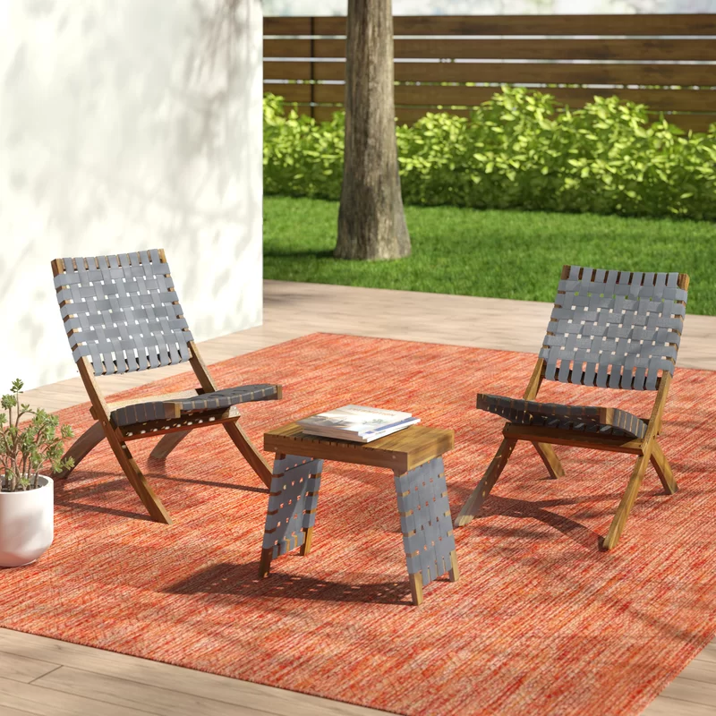 Huntsville Outdoor Foldable 2 Seater Acacia Wood Chat Set With Strapping Belt Accents, Brown And Gray Complete Patio Set Brown Gray Seats 2 Garden & Outdoor 2 Person Seating Group Acacia Wood,Wicker