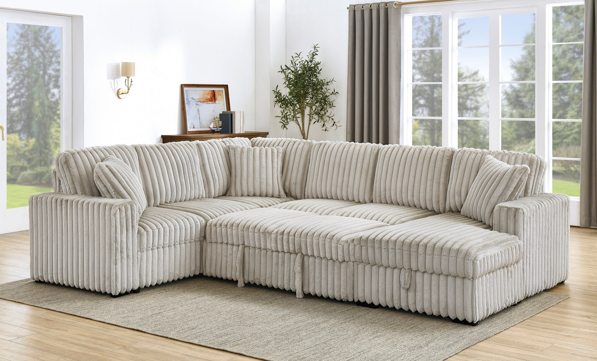 122 Inch Pull Out Couch, Rabbit Plush Fabric Sofa Bed With Usb Ports & Comfy Upholstered, Oversized U Shape Sectional Sleeper Sofa Bed With Storage Chaise, Khaki Light Brown Wood Primary Living Space Medium Duty Eucalyptus 6 Seat Khaki Polyester Soft