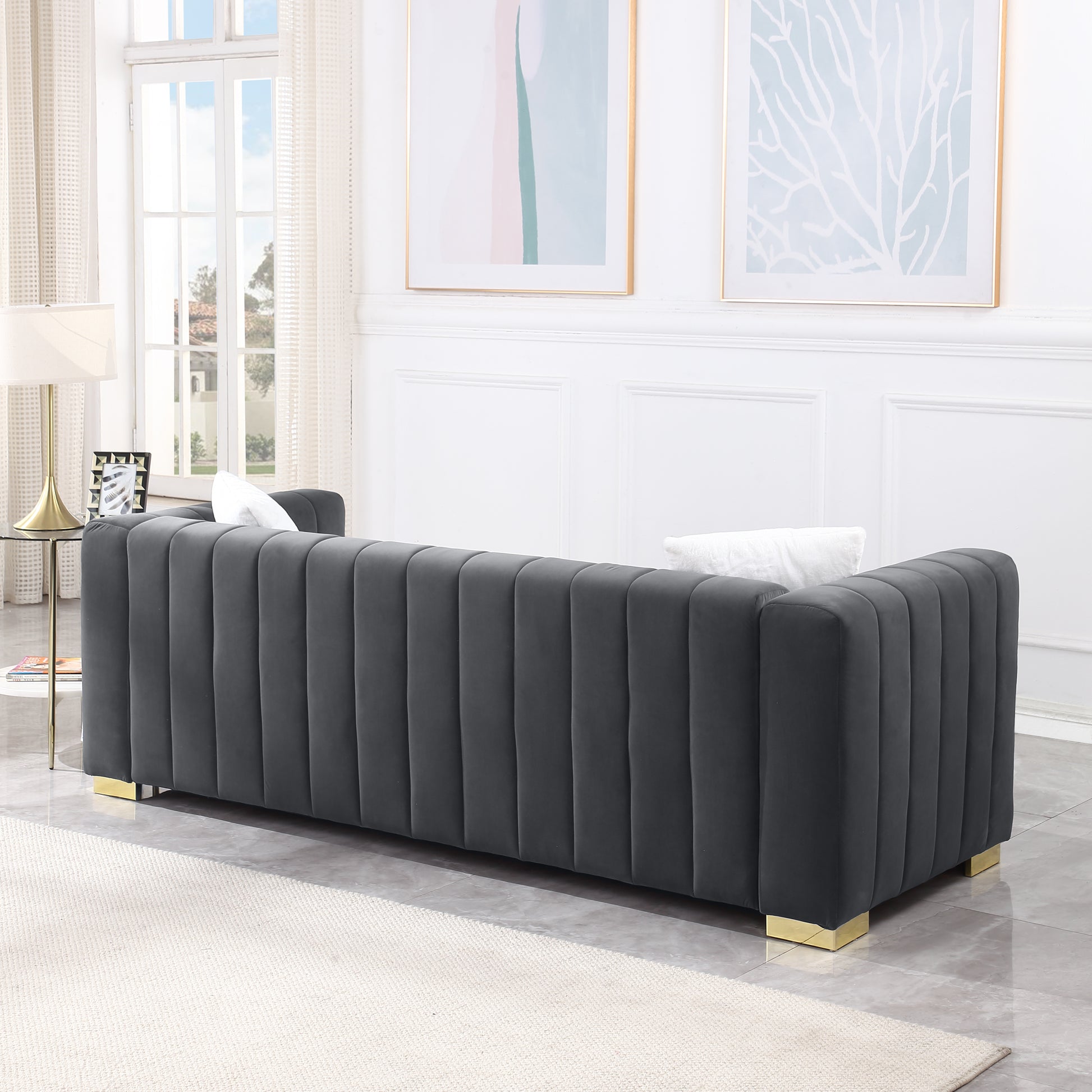 A Modern Channel Sofa Take On A Traditional Chesterfield,Grey Color,3 Seater Grey Velvet 3 Seat
