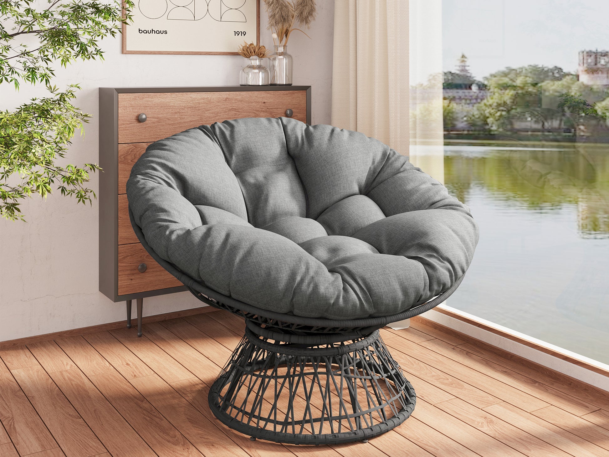41.5" Ergonomic Wicker Chair With Cloud Thick Density Fabric Cushion,3 Proof Cover,High Capacity Iron Frame,Fluid 360 Degree Swivel For Reading,Living Room, Bedroom,Lounge,Gray Base,2 Colors Gray