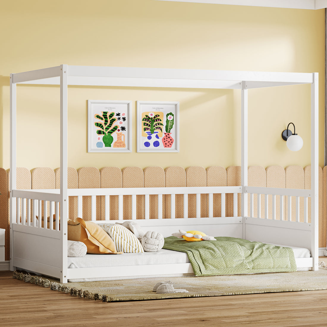 Twin Size Canopy Bed Frame With Guardrails For Kids,Floor Bed Twin With Four Poster Design,Kids Montessori Floor Bed,Wood Canopy Bed Frame For Girls,Boys Twin,White Box Spring Required Twin White
