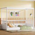 Twin Size Canopy Bed Frame With Guardrails For Kids,Floor Bed Twin With Four Poster Design,Kids Montessori Floor Bed,Wood Canopy Bed Frame For Girls,Boys Twin,White Box Spring Required Twin White