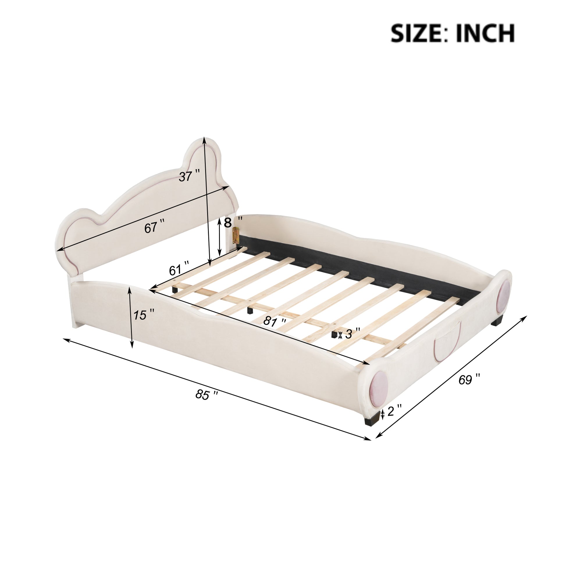 Queen Size Velvet Platform Bed With Bear Shaped Headboard, With Bed End Storage Pocket, Beige Queen Beige Plywood