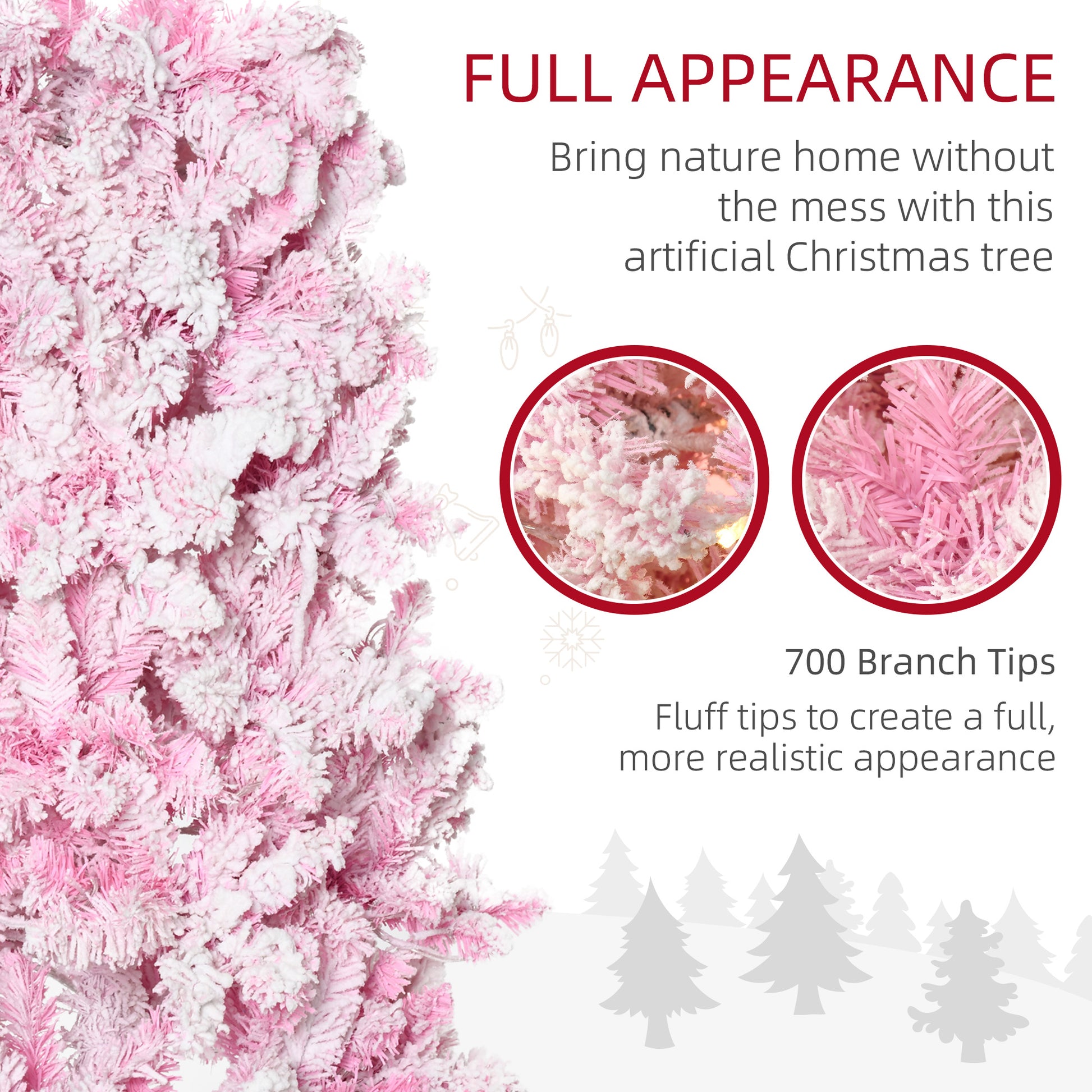 Homcom 7.5Ft Prelit Snow Flocked Artificial Christmas Tree With Pencil Shape, Pine Realistic Branches, Warm White Led Lights, Auto Open, Pink And White Pink Plastic