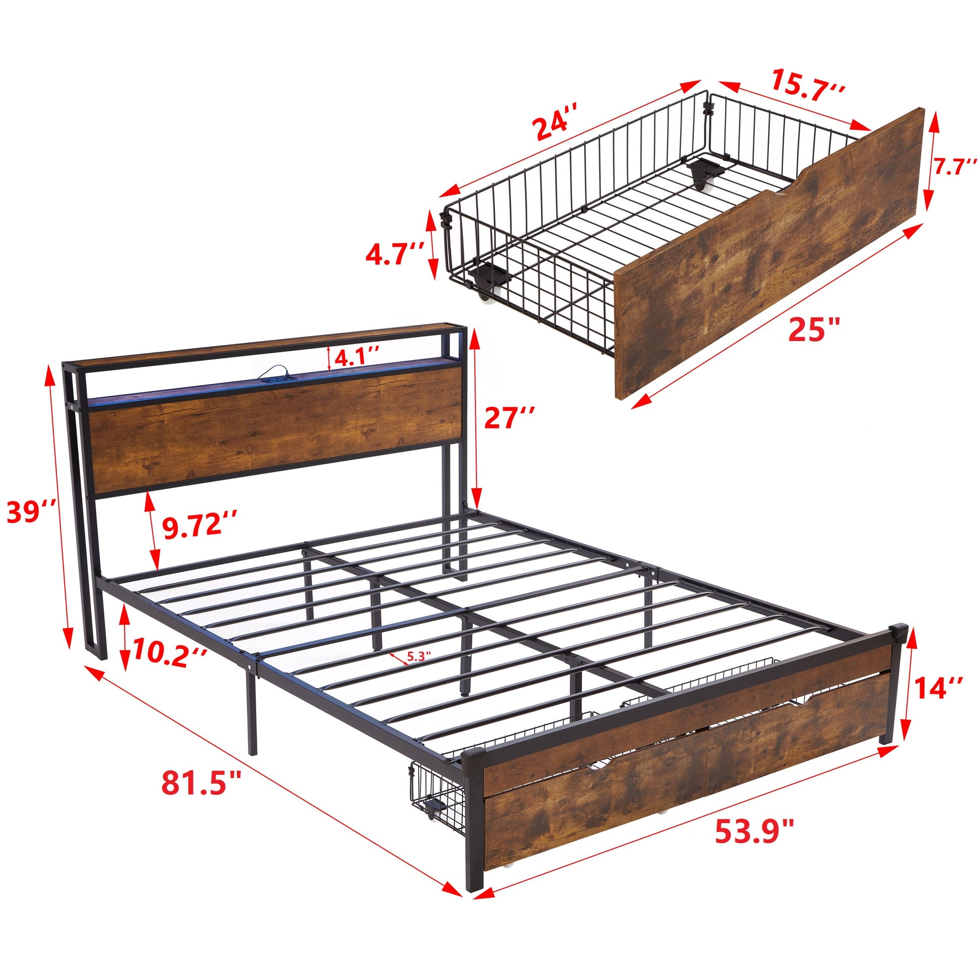 Full Size Metal Platform Bed Frame With Wooden Headboard And Footboard With Usb,Charging Station,2 Drawers,Led Lights, No Box Spring Needed, Easy Assemble Full Brown Black Mdf Metal